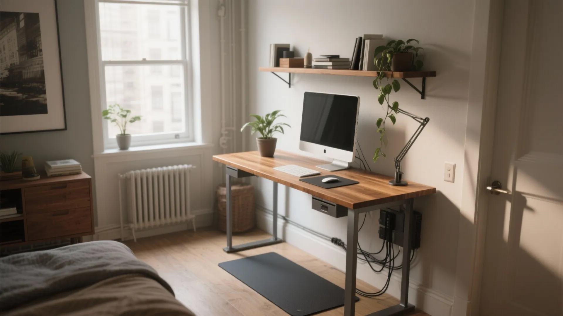 Wooden standing desk with computer placed against white wall near window with shelf and plants