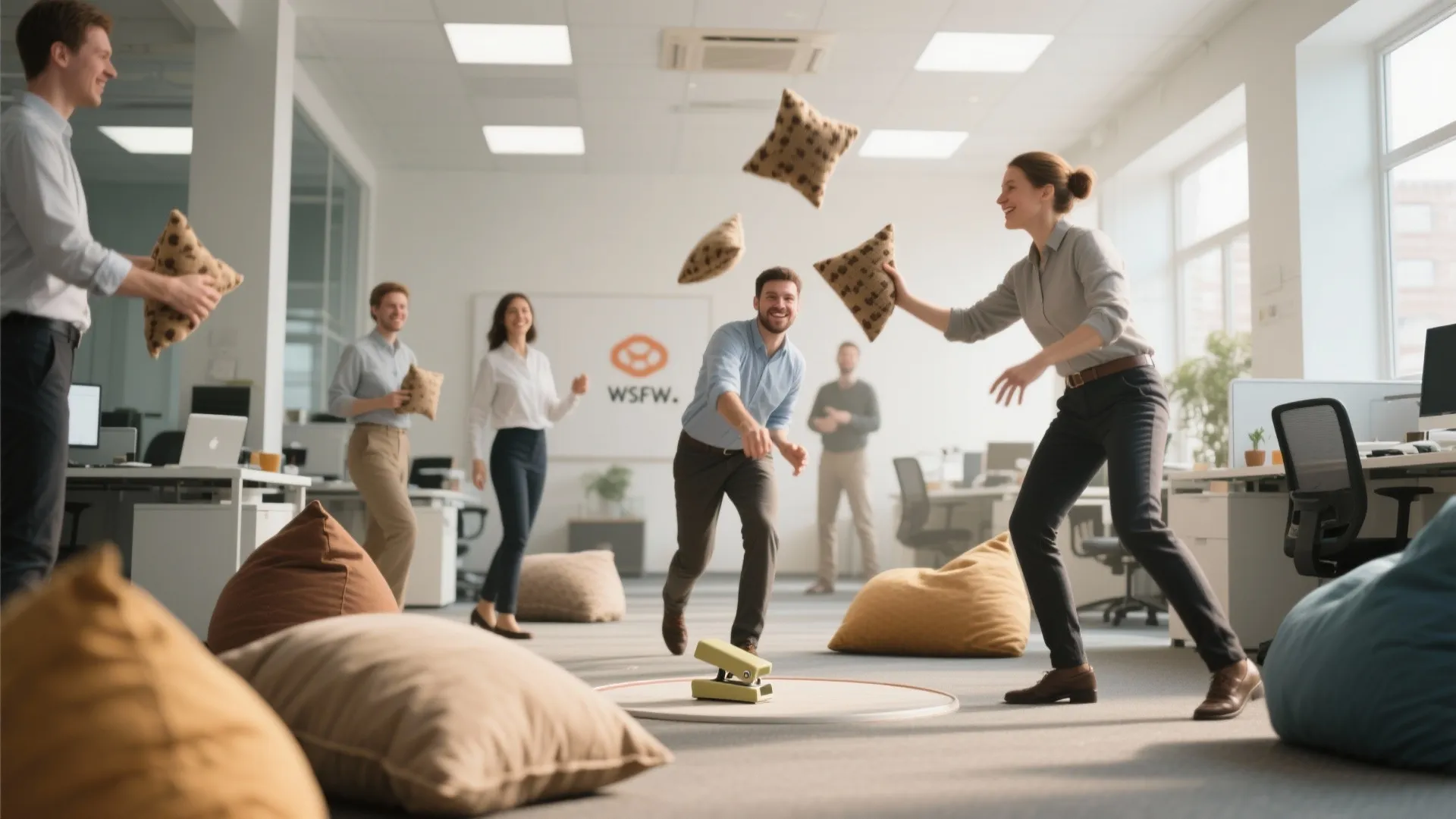 Friendly office contest with beanbag stapler shot put