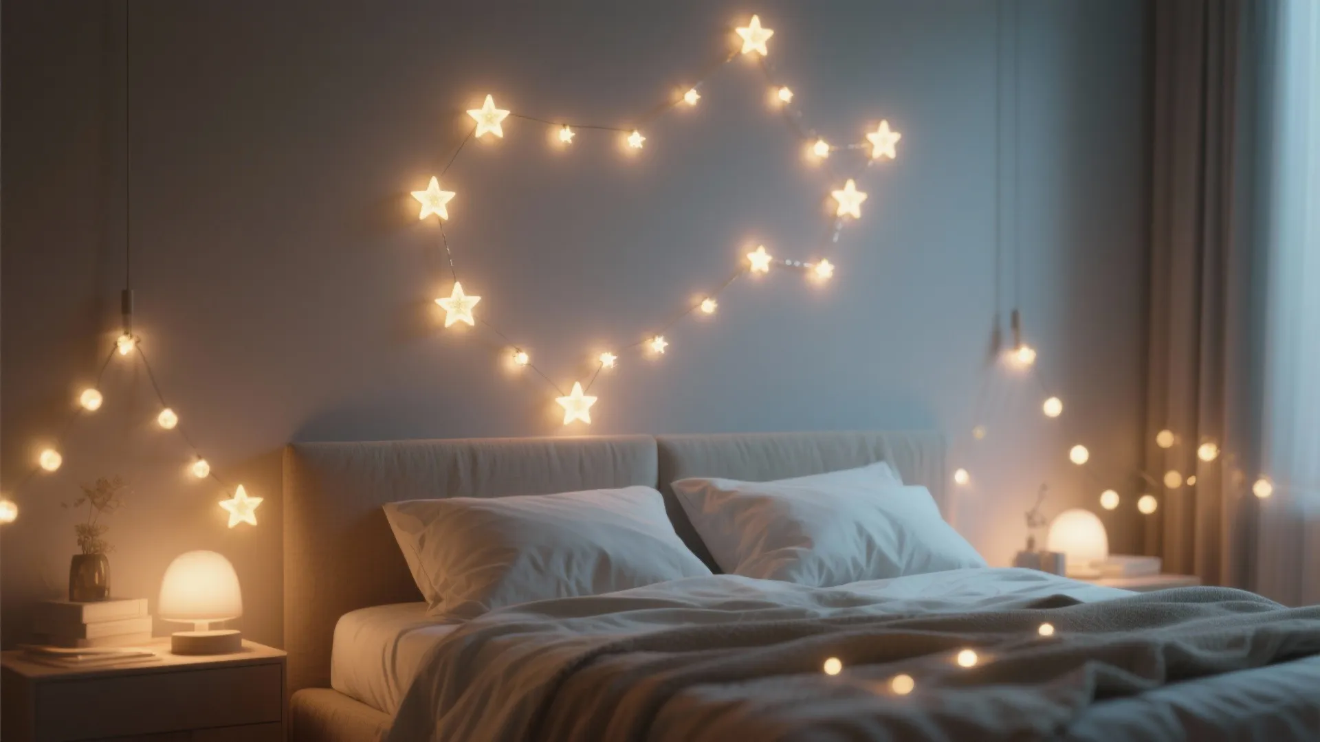 Cosy bedroom with star string lights on wall above a bed with white pillows and