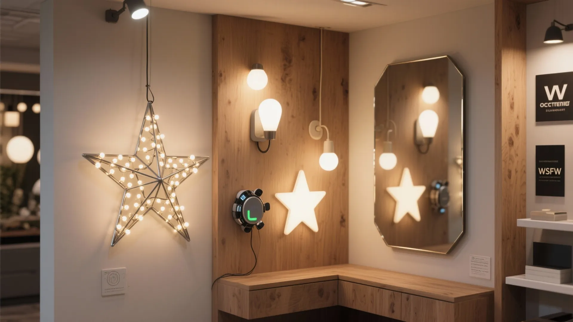 Interior design showroom displaying various wall lights and a star shaped light fixture beside a mirror