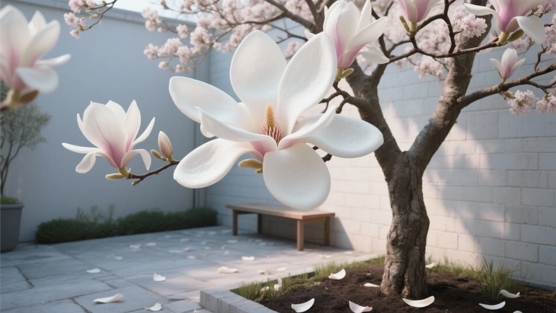 White flower tree in outdoor courtyard with wooden bench gray tiled floor and white wall
