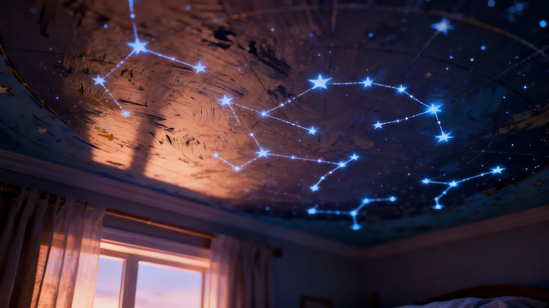 Close-up of a ceiling star map glowing faintly with photoluminescent paint