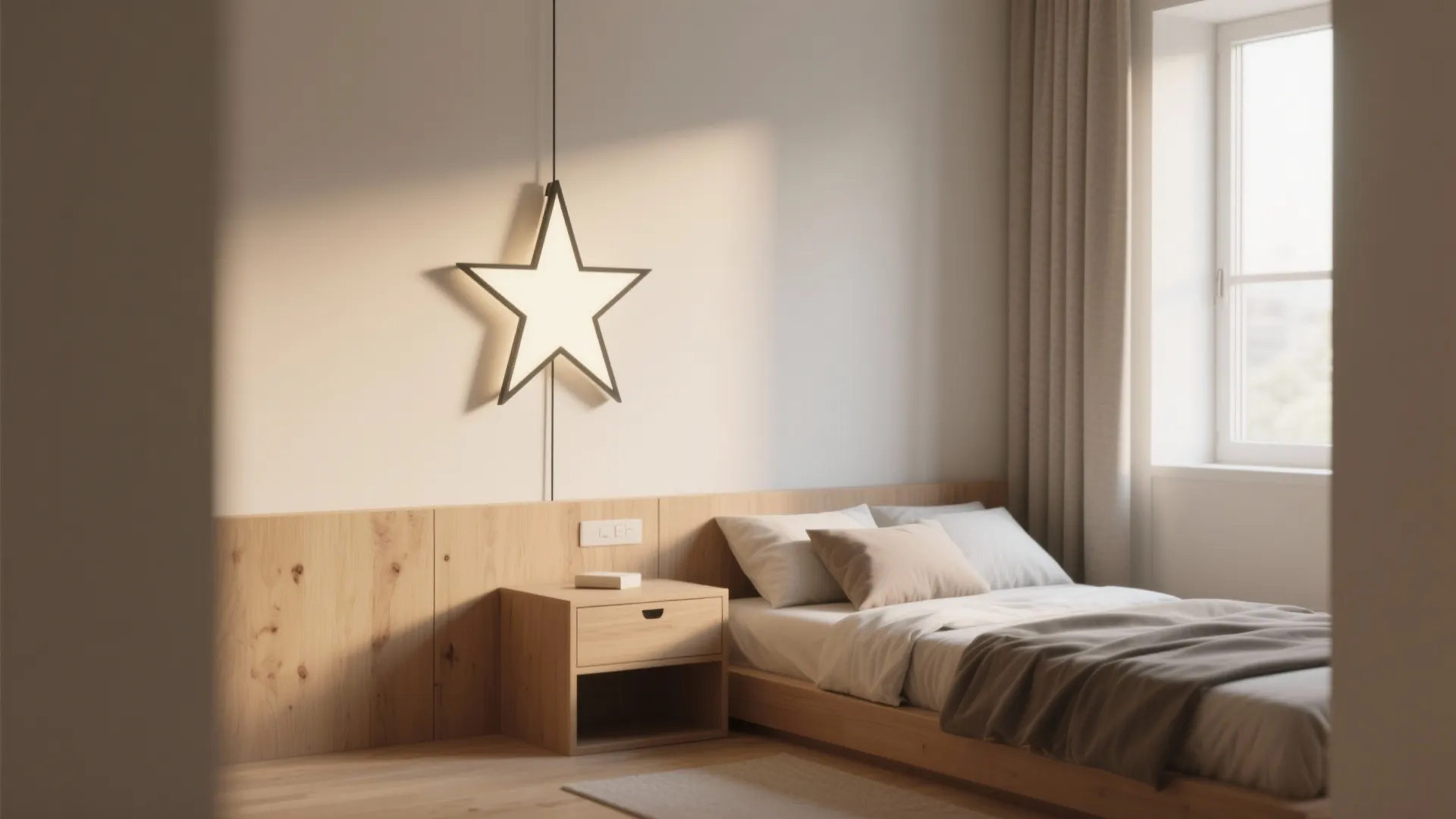 Modern bedroom featuring a star shaped wall light above a wooden bed with white soft pillows