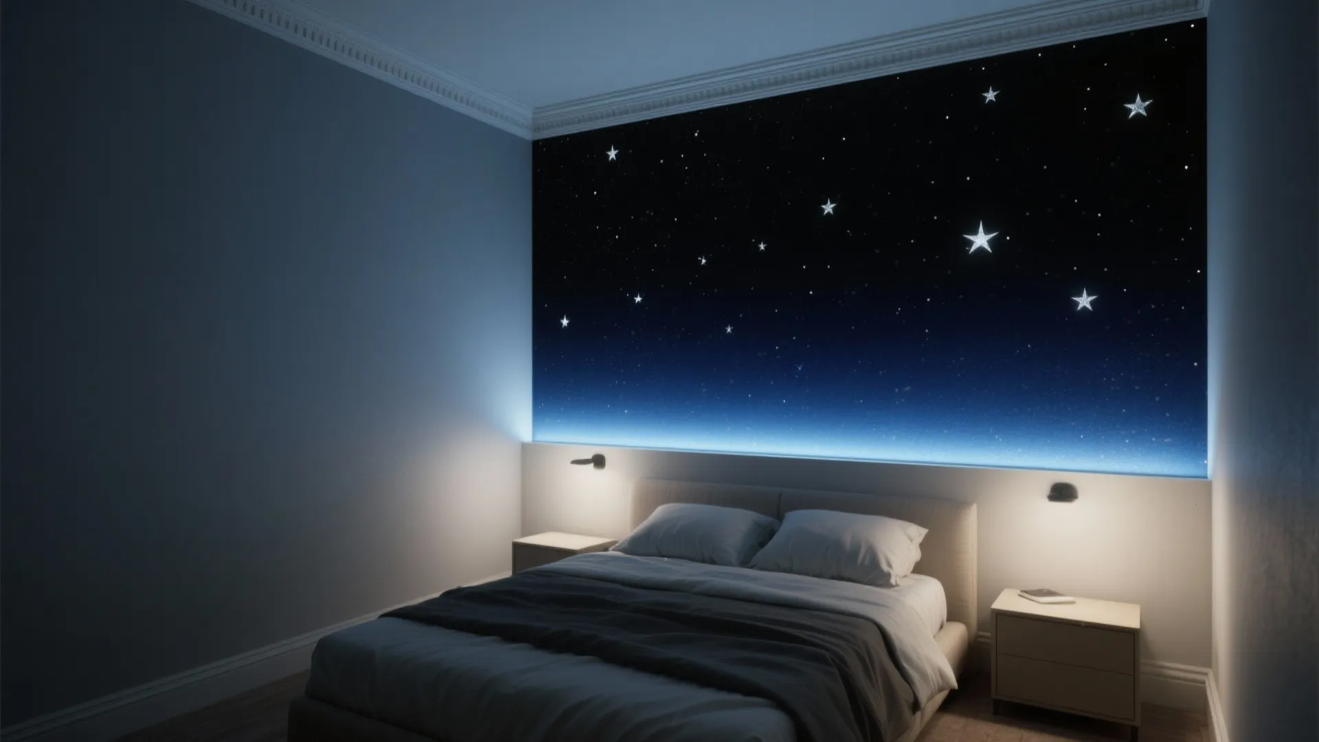 Bedroom featuring star pattern wall panel, blue accent lighting, comfortable bed, and two small tables