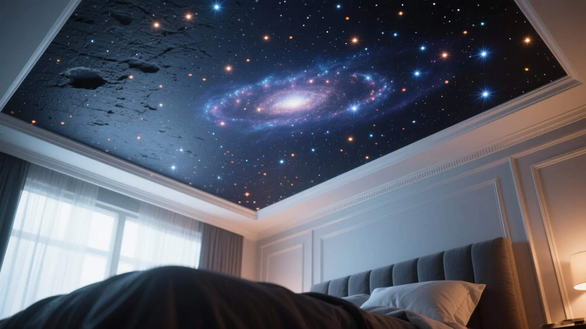 A modern bedroom with a dark grey bed and a glowing galaxy star ceiling design