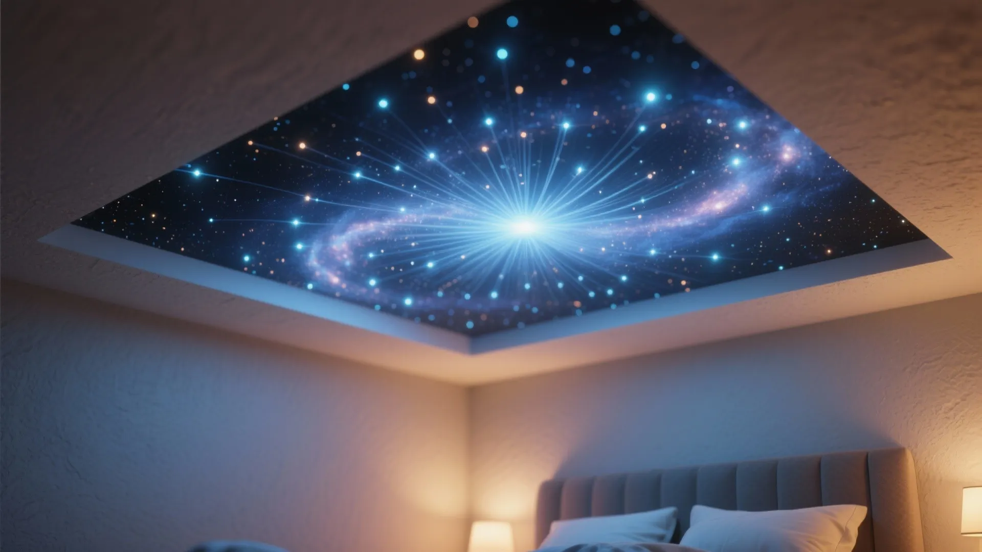 Bedroom with a ceiling showing a bright blue star design and glowing lights above bed
