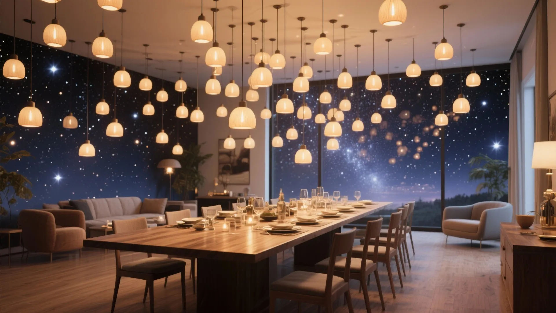 Large wooden dining table with chairs under many hanging ceiling lights and starry night view