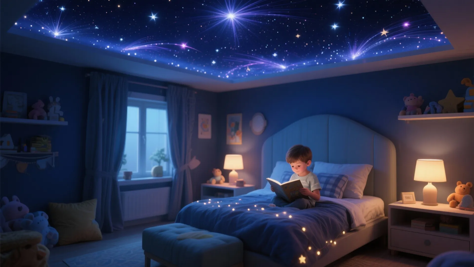 Boy reading a book in bed under a starry night sky ceiling with soft lights