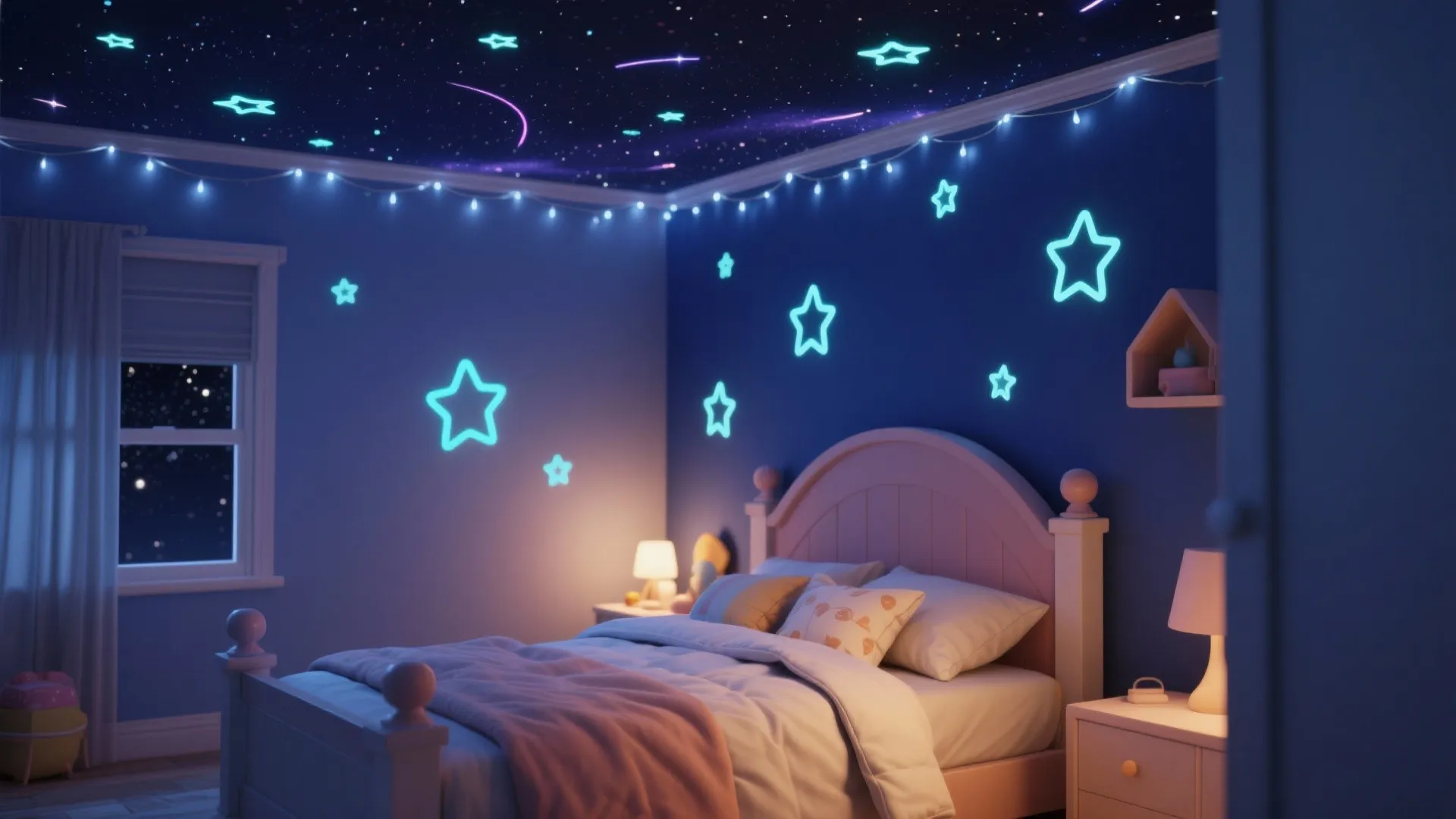 Kids bedroom featuring glowing star patterns on dark blue walls and ceiling above white bed