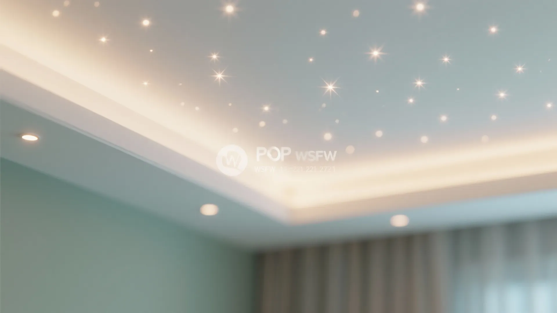 Close up of a bedroom ceiling with tiny star lights and warm hidden light strips