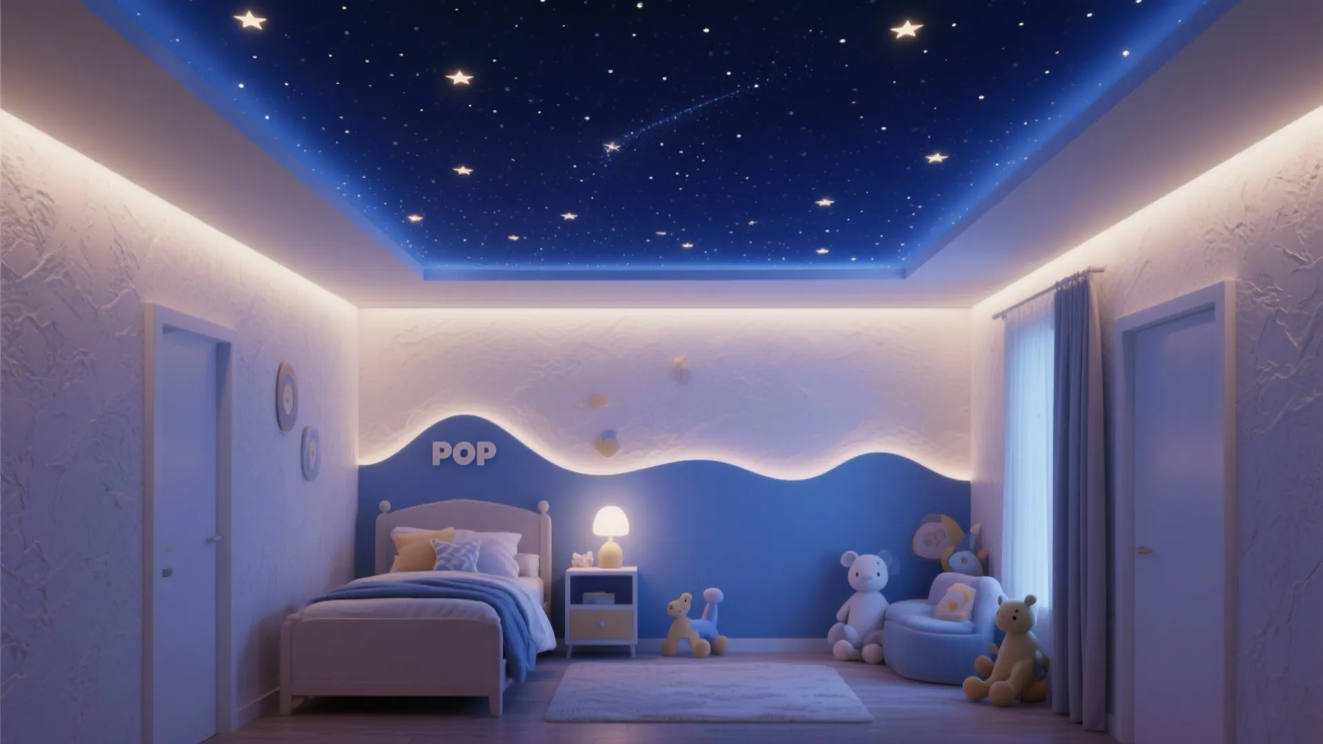 Child bedroom with starry blue ceiling light white bed blue wave wall panel and toys