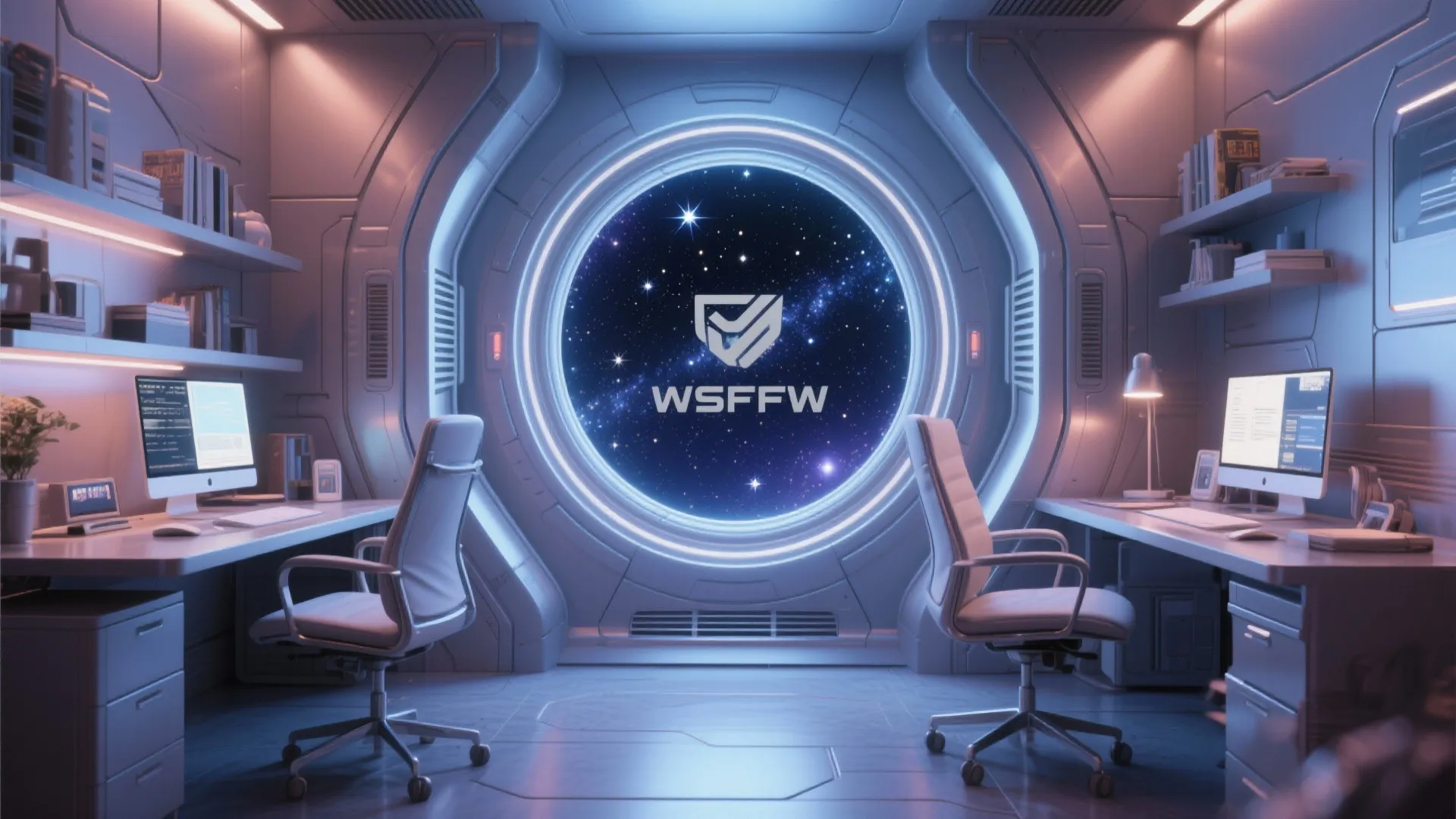 Modern home office with two white chairs and large round window looking into deep space
