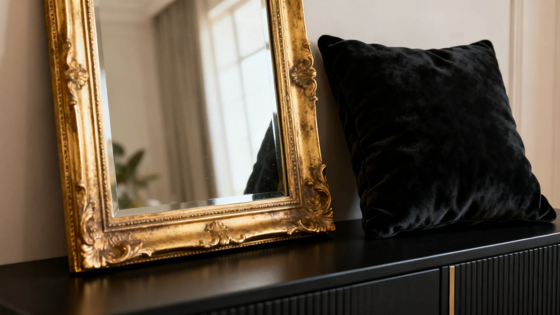 Gold-framed mirror leaning on a black console next to a black velvet cushion, a simple starter item for the style.