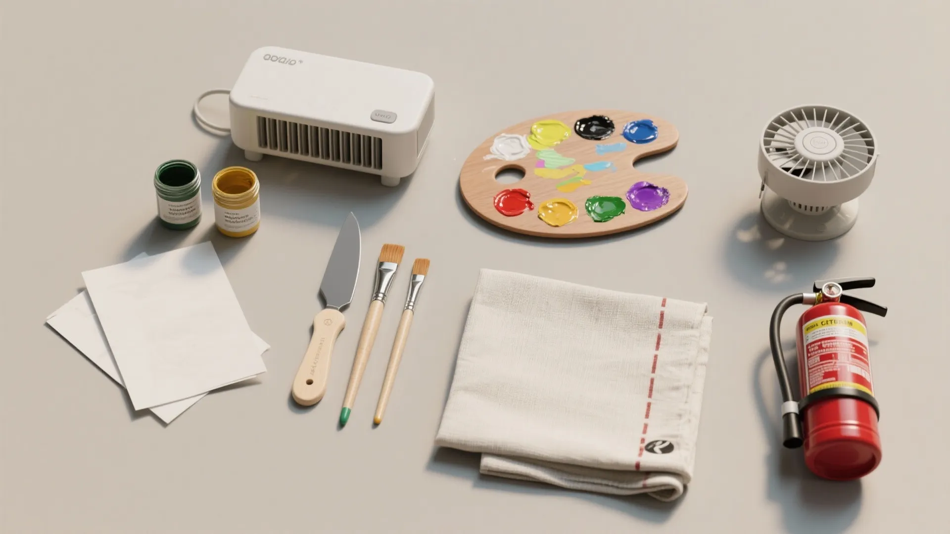 Top-down flatlay of a beginner paint therapy starter kit with brushes, palette, low-VOC paint samples and safety items.