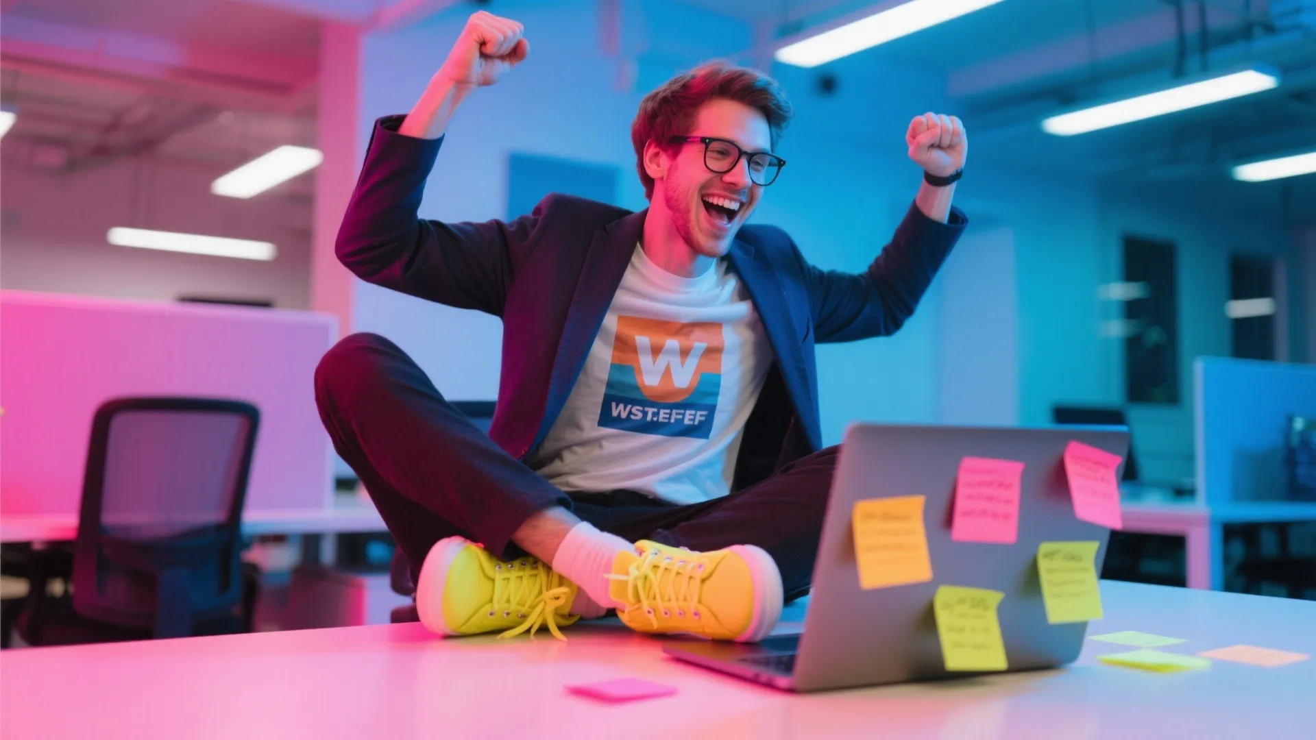 Startup brainstormer outfit with blazer, sneakers and sticky notes