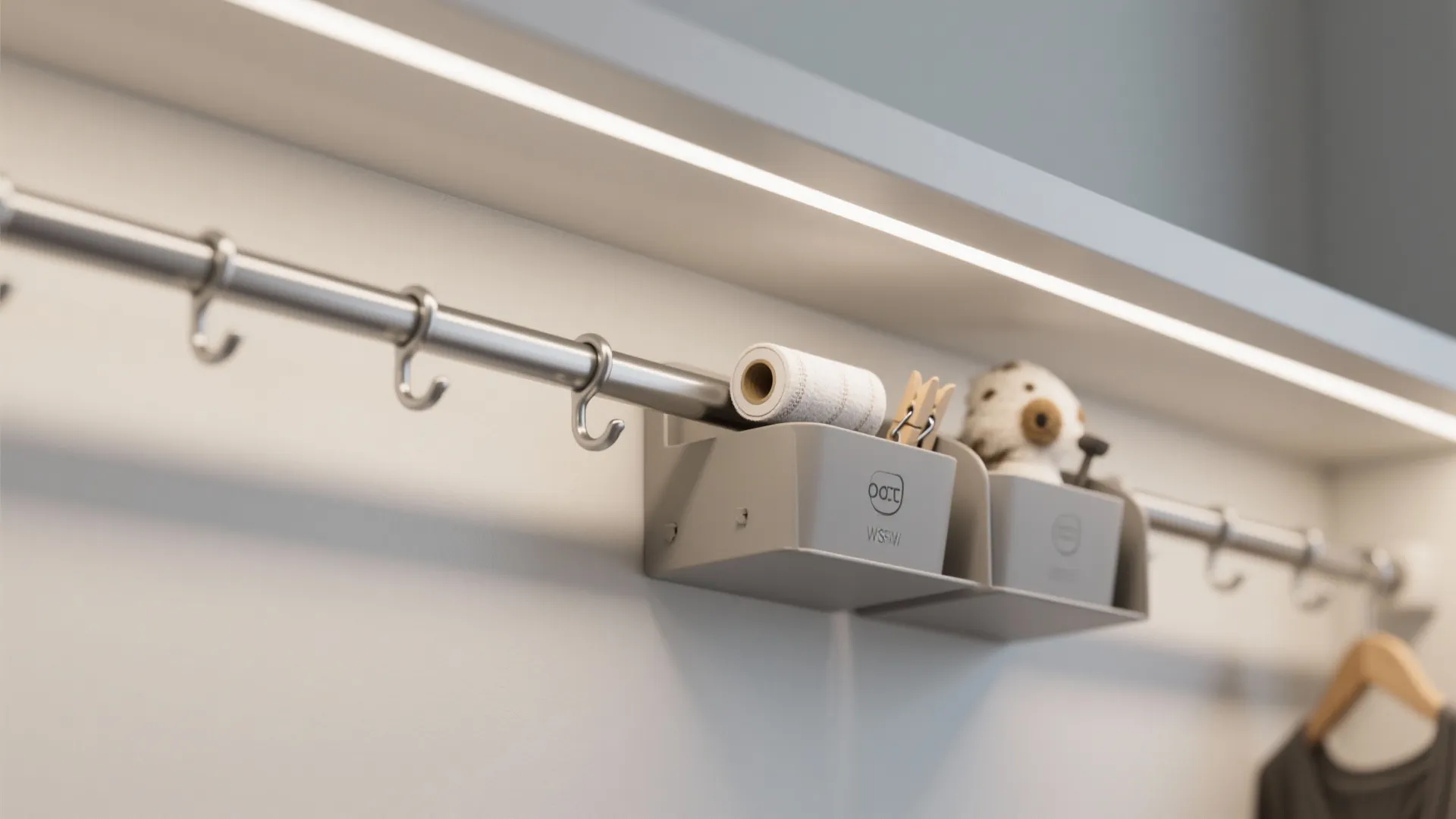 5. Slim stash shelf with hooks and slide-out bins