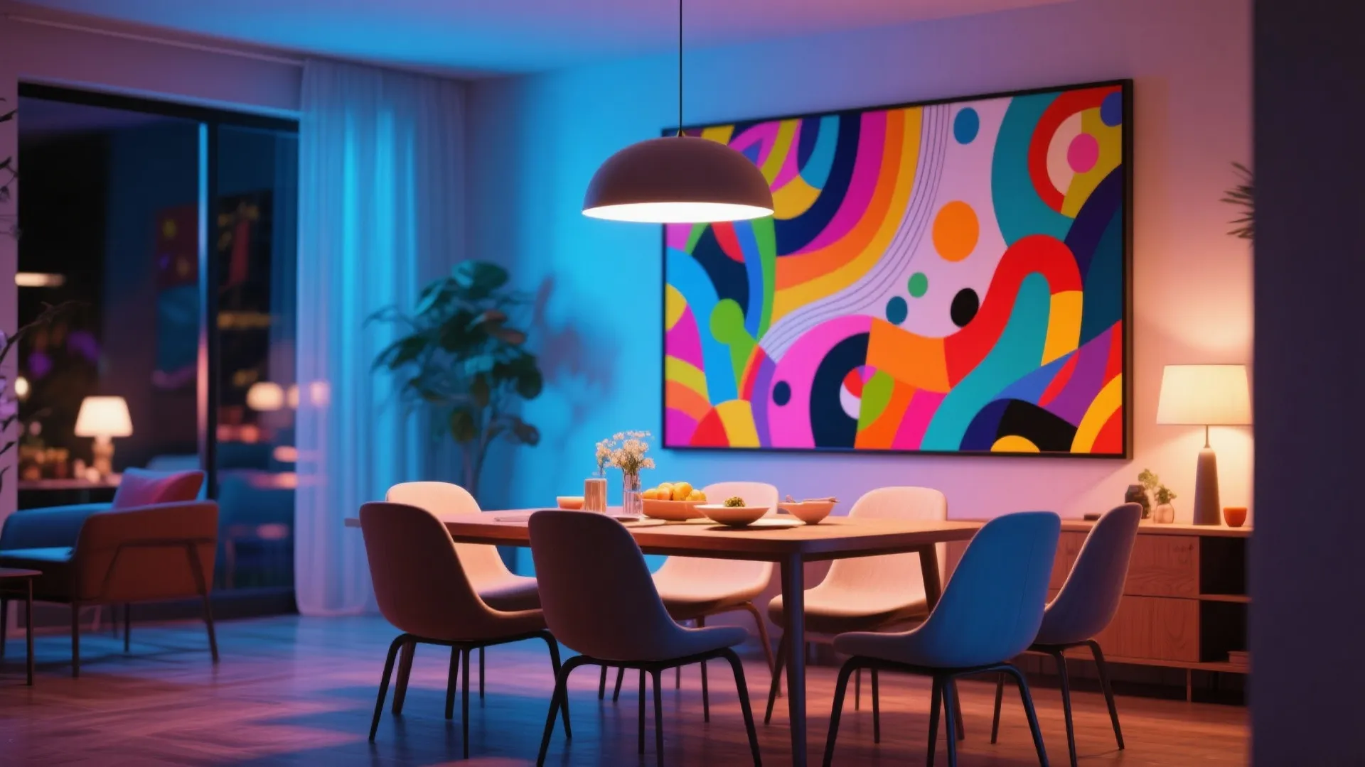 Bold colorful abstract painting in modern dining room