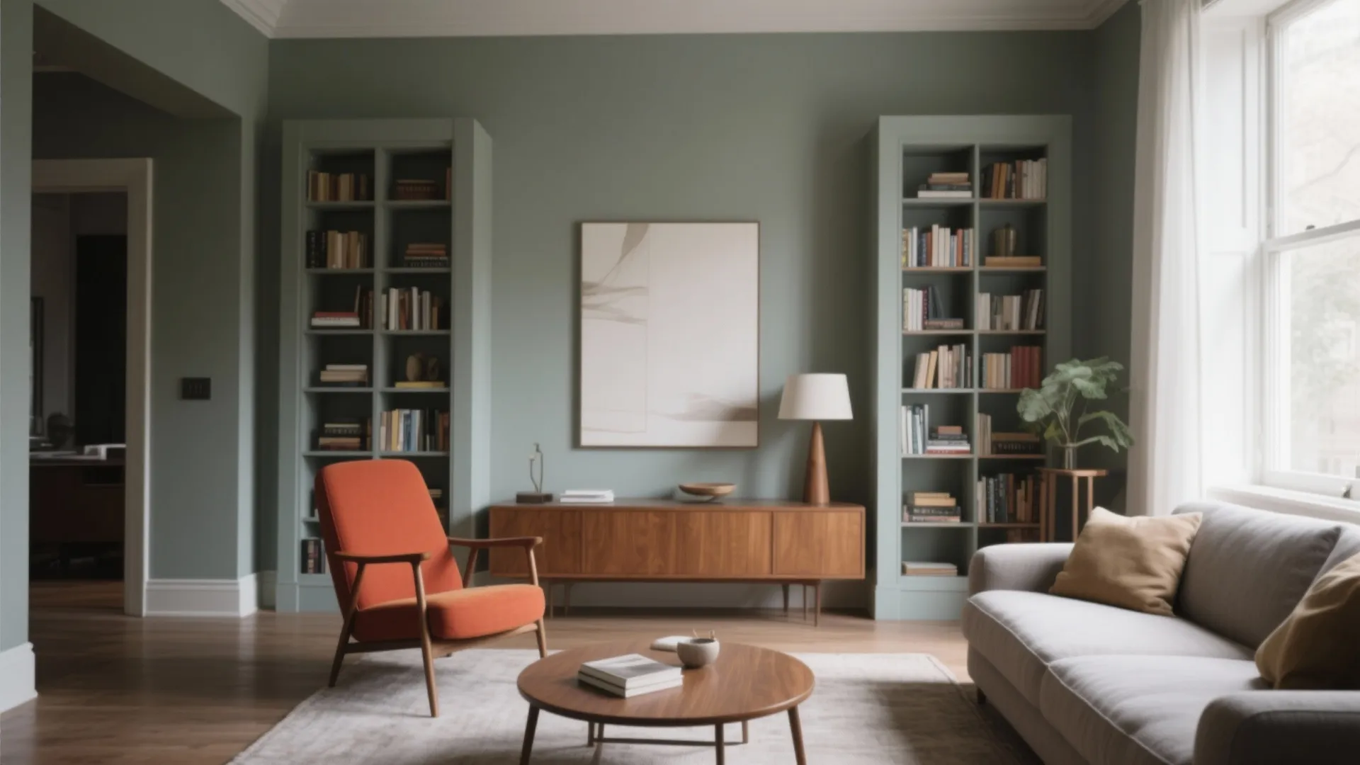 Modern green living room featuring orange armchair wooden cabinet bookcases sofa and round coffee table