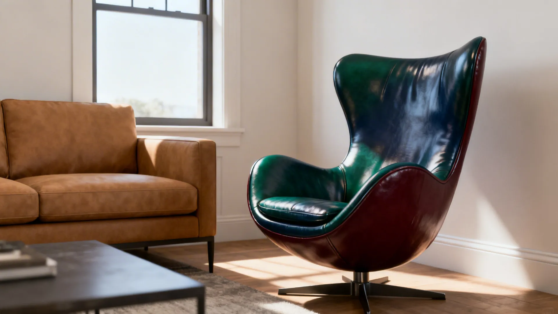 Small living room composition with a bold emerald leather accent chair opposite a tan sofa.