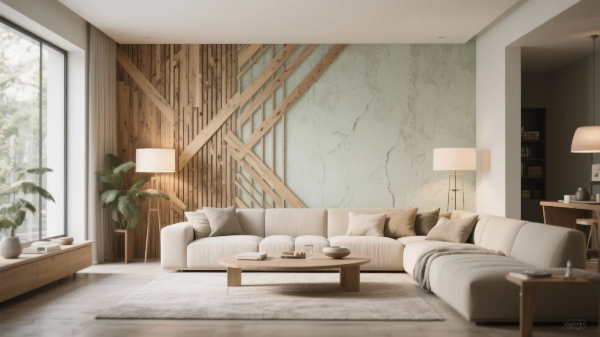 Modern living room with textured wooden accent wall
