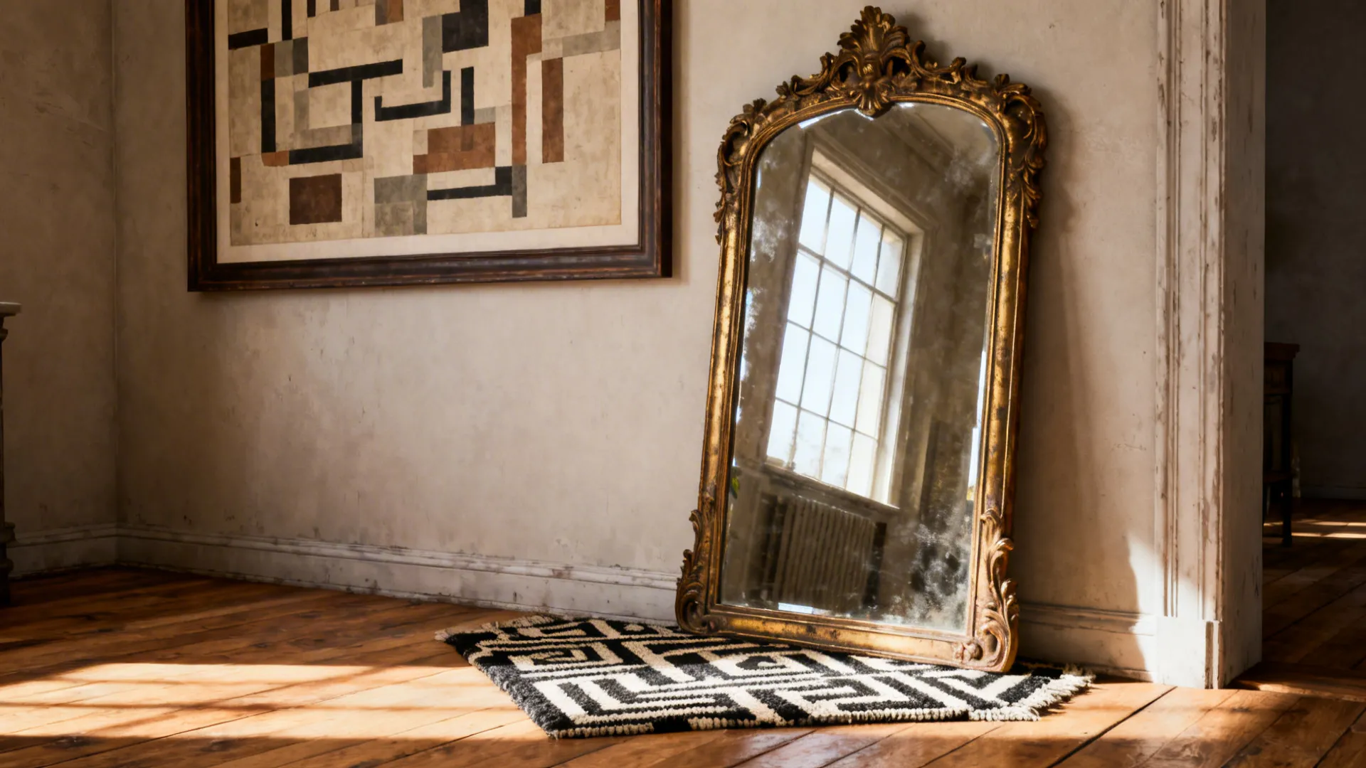 Large thrifted mirror, oversized art print and textured rug as statement accessories in a living room.
