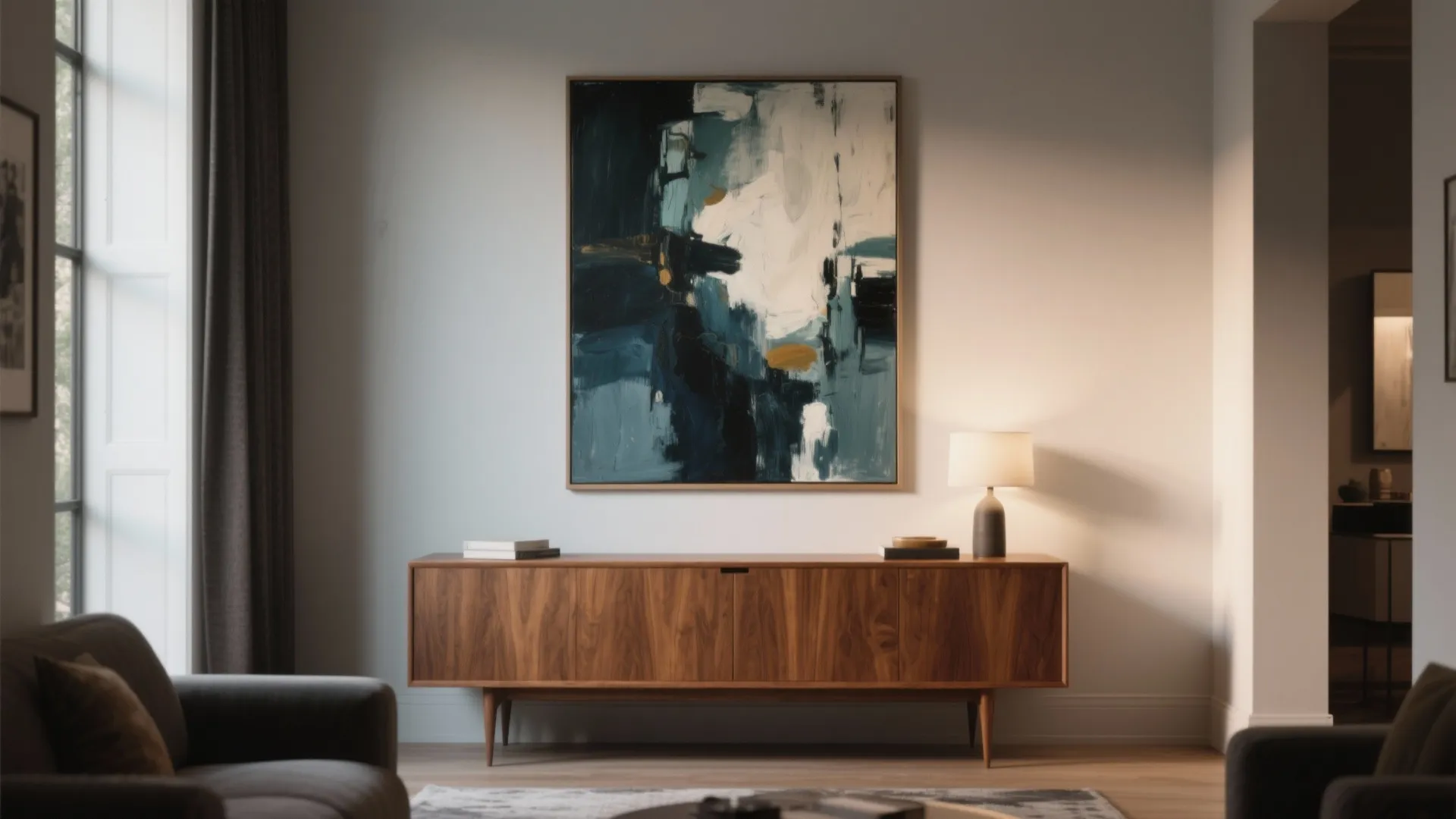 Compact room showing a single moody abstract painting above a mid-century credenza to act as the room's anchor.