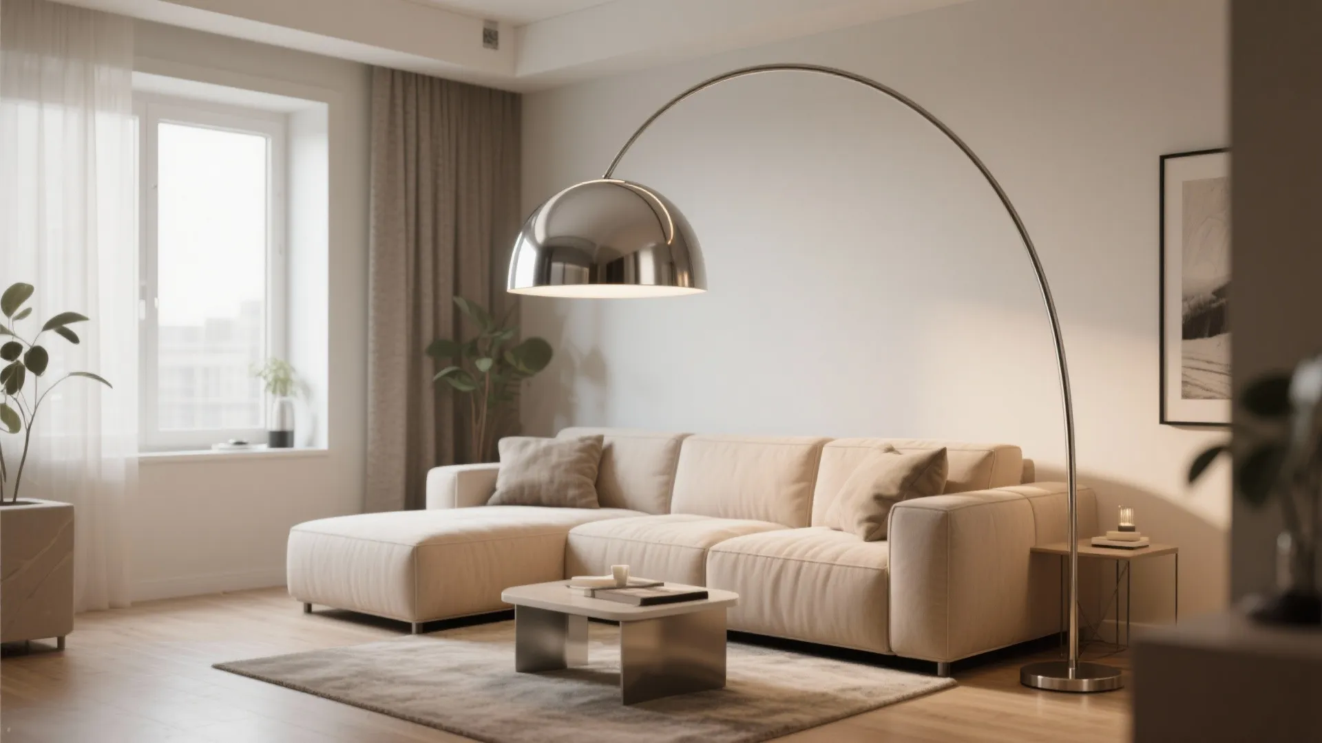 Large chrome curved floor lamp over a beige sofa in a bright modern living room