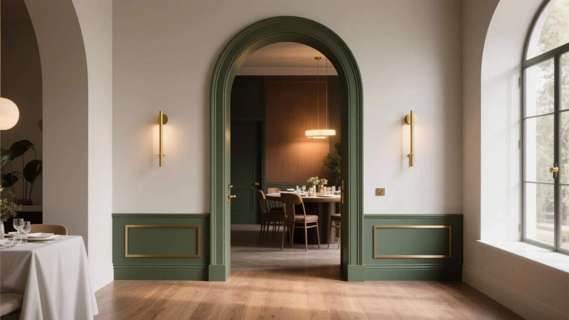 Green arch doorway leading to a dining room with wood floor wall lights and windows
