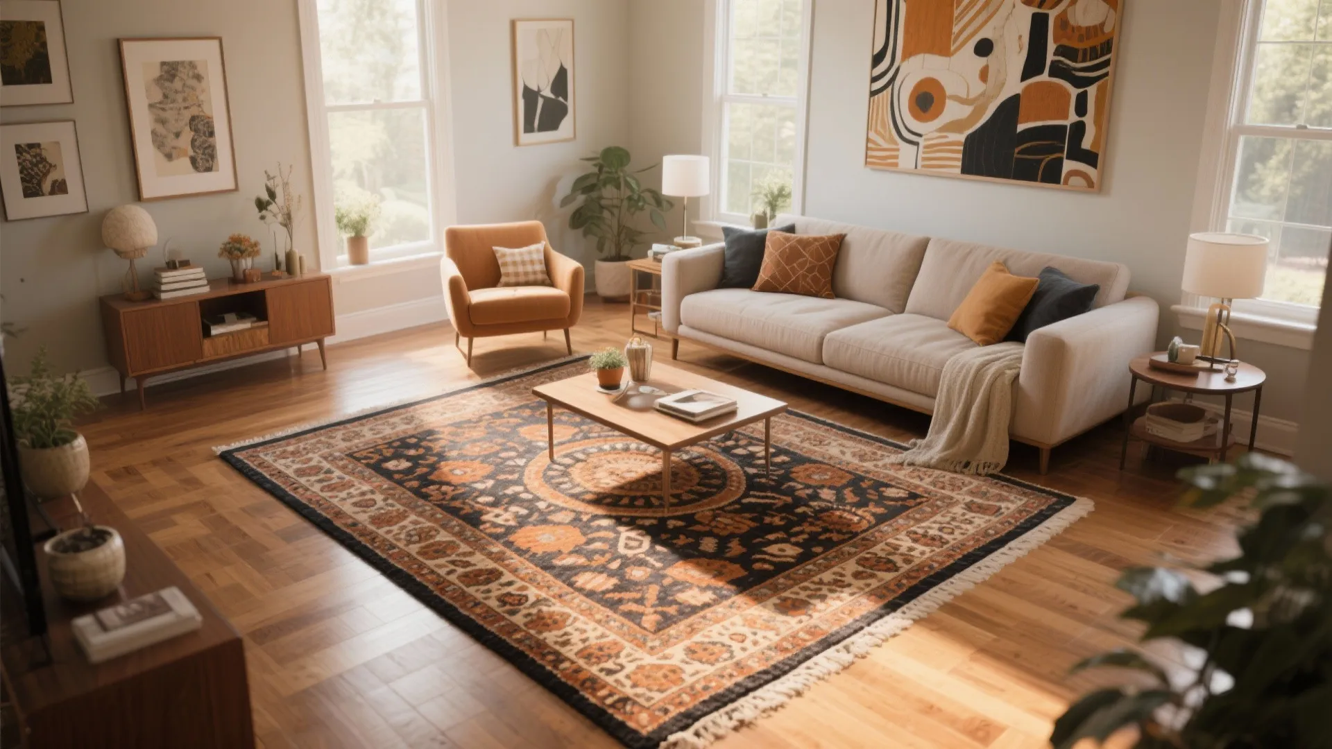 Cozy living room with large patterned area rug wooden coffee table beige sofa and natural light