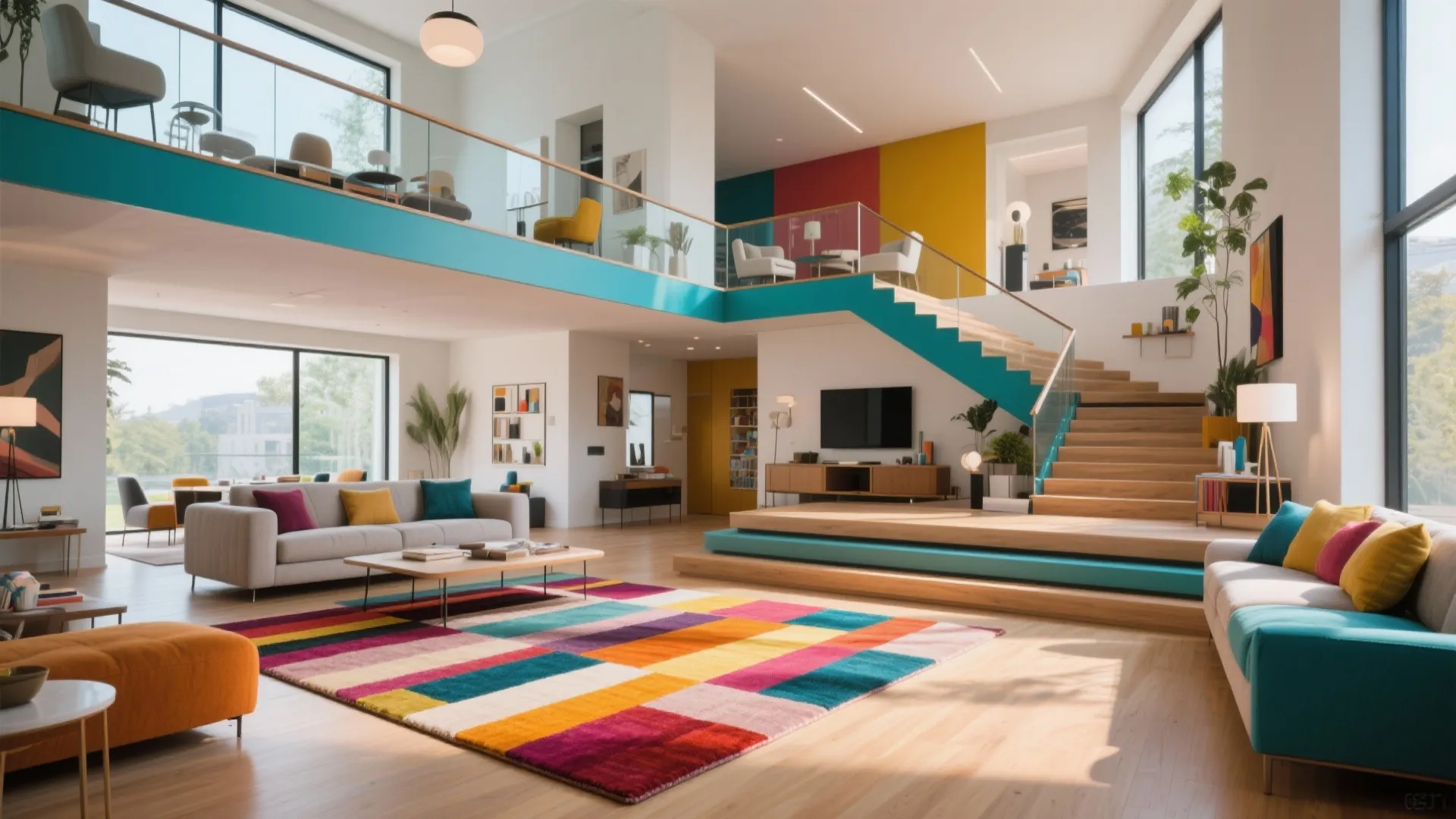 Colorful open plan living room with a bright rug teal staircase and upper level seating area