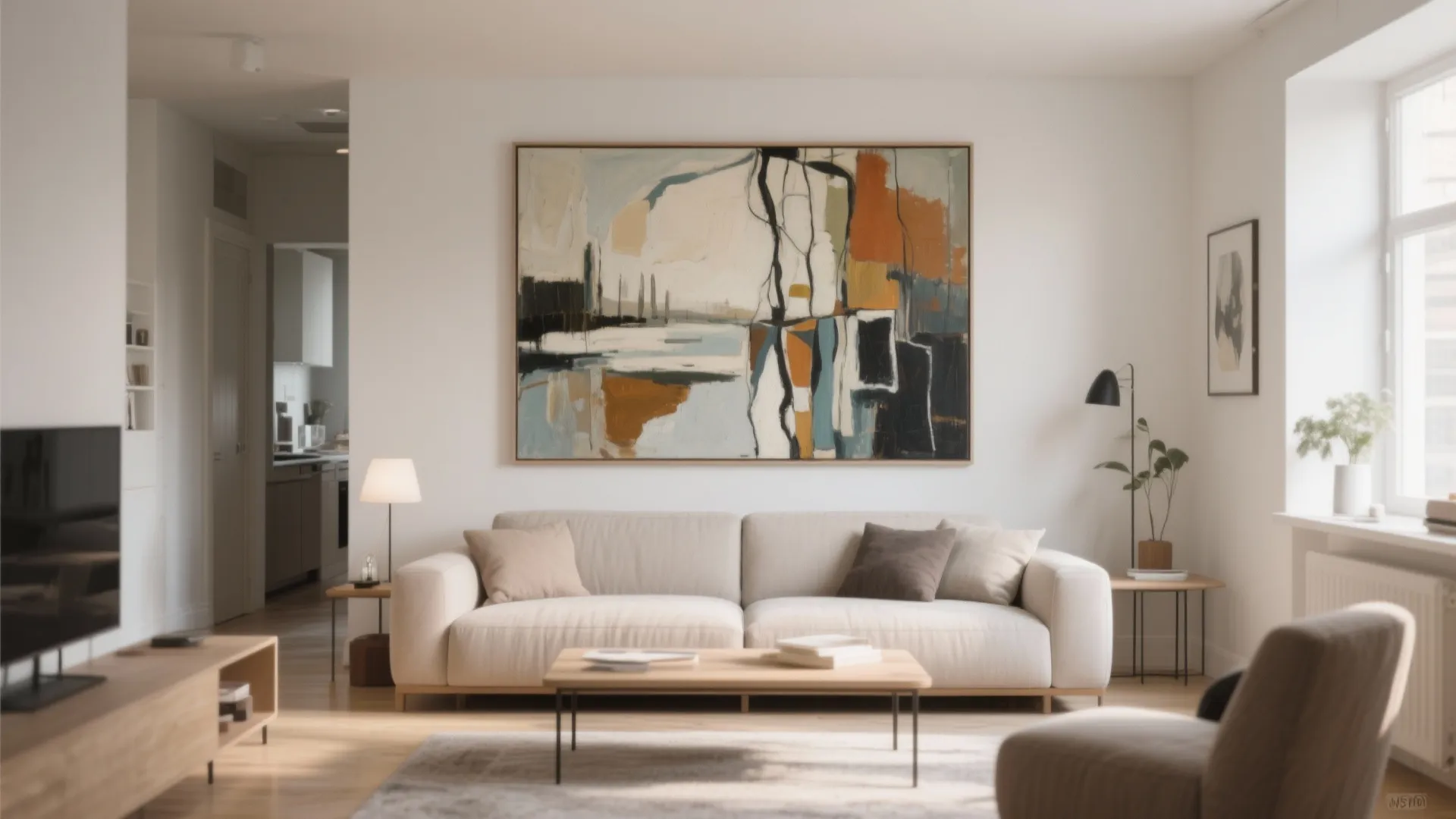 Large statement painting creating a focal point in a small modern living room