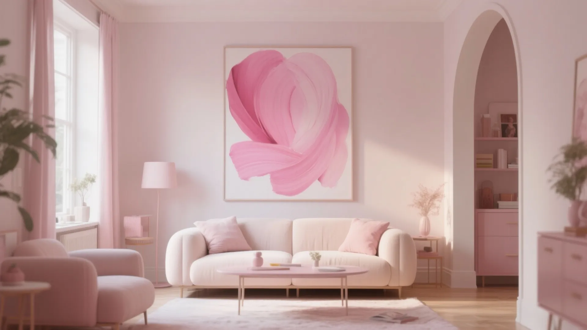 Pink themed living room with cream sofa coffee table large abstract wall art and arched doorway