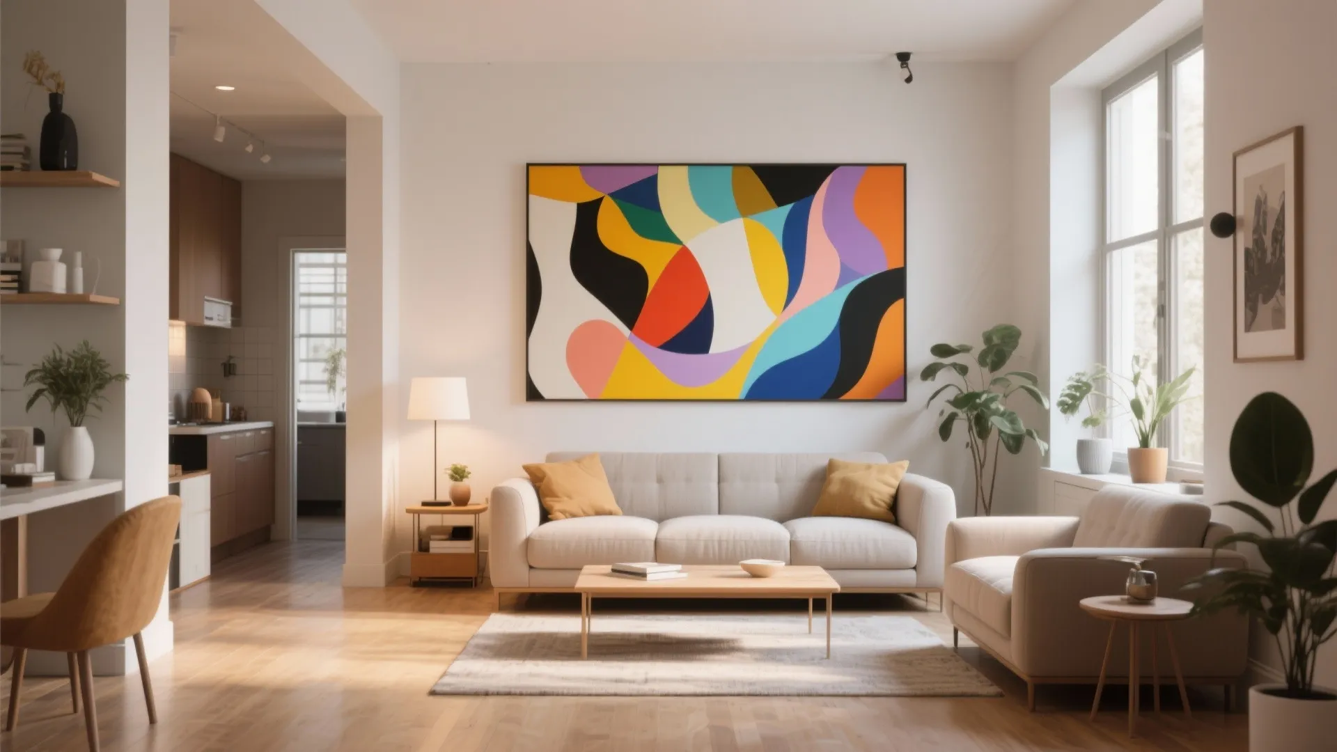Large abstract painting in small open plan living area