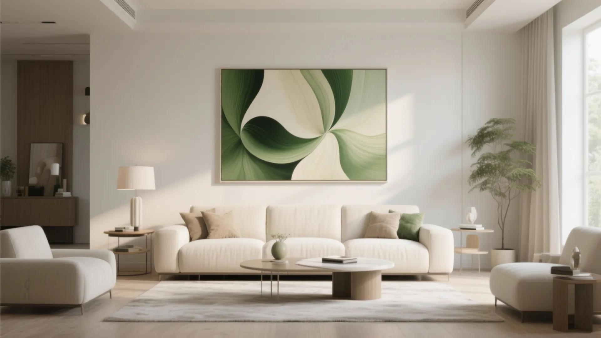 Large art piece in green and cream above sofa