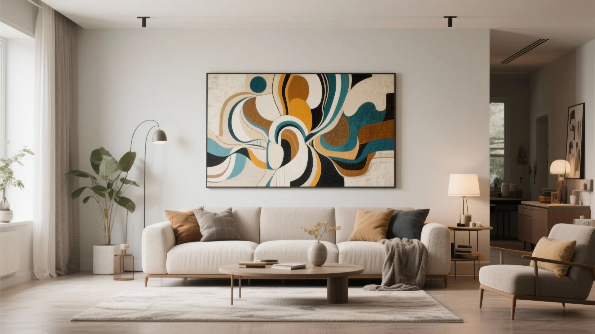 Modern living room featuring large colorful wall art above white sofa with pillows and rug