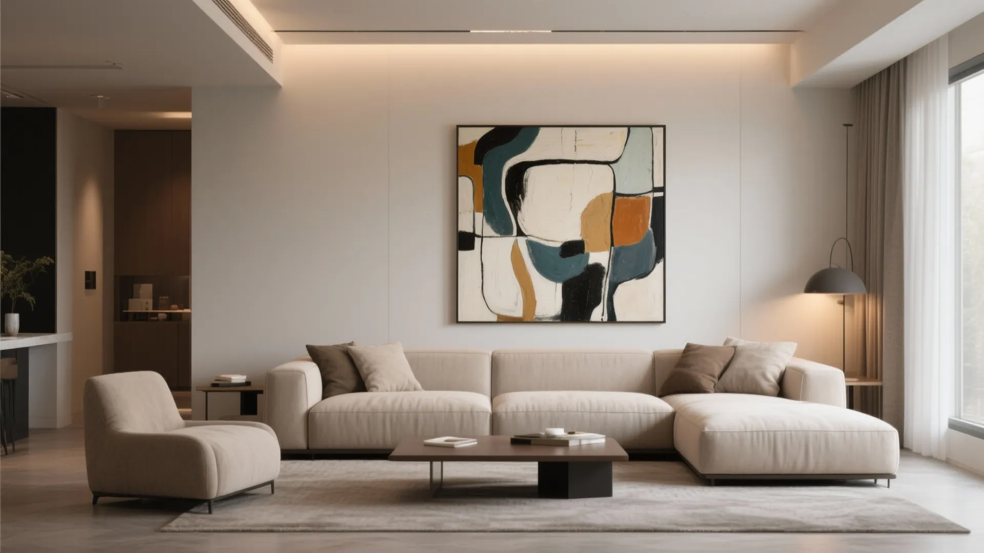 Large abstract painting hanging above a beige sectional sofa in a bright minimalist living room