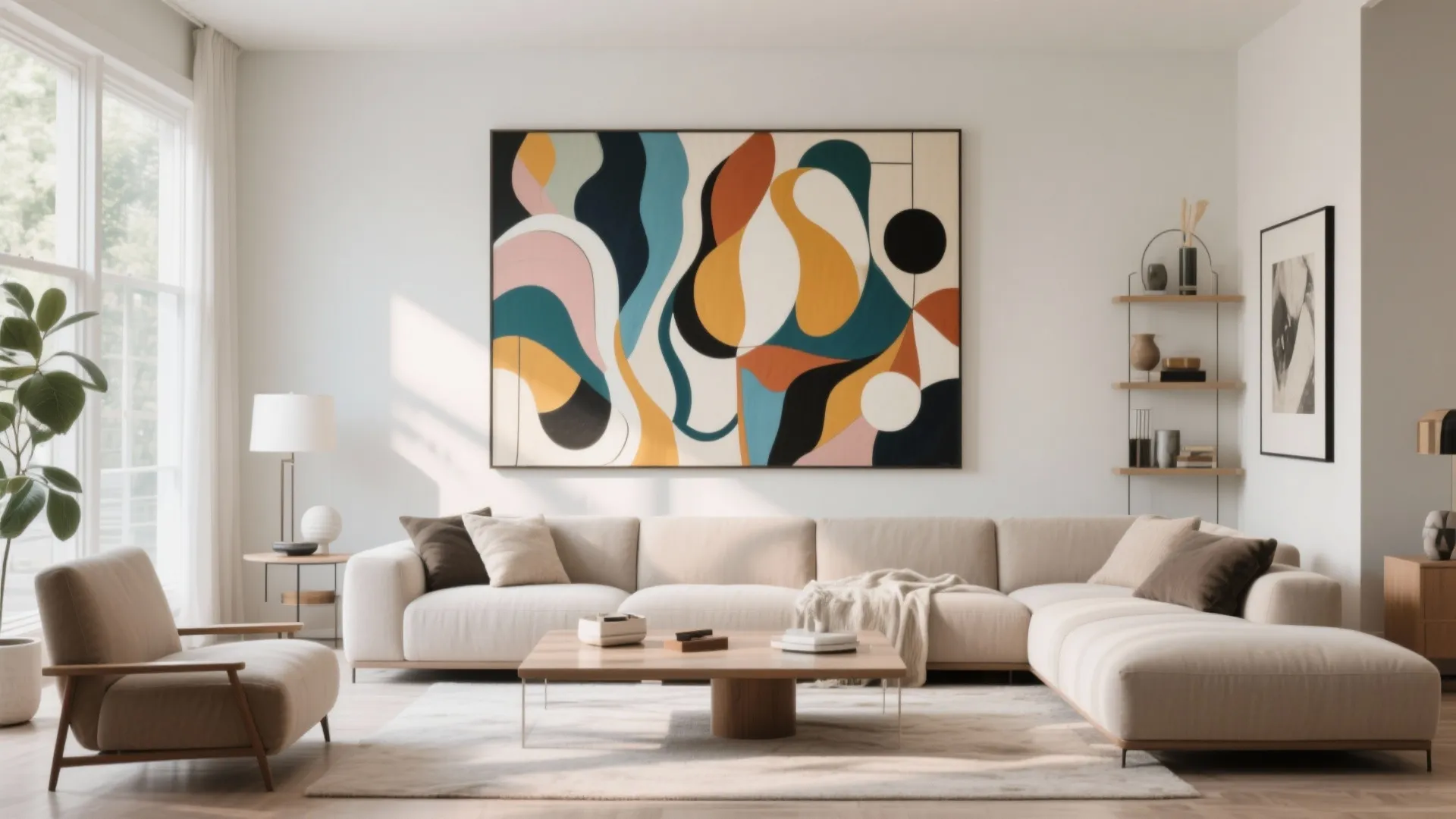 Modern living room with colorful abstract wall art large beige sofa wooden coffee table and window