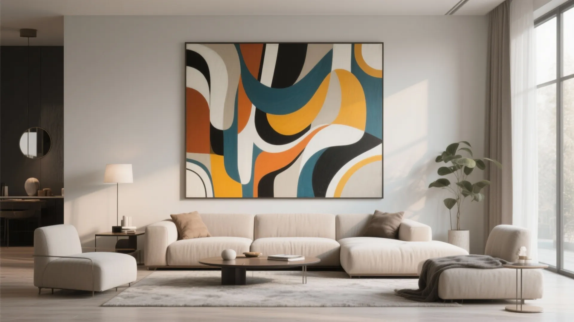 Minimalist living room featuring a large colorful abstract wall painting white sofa and round coffee table