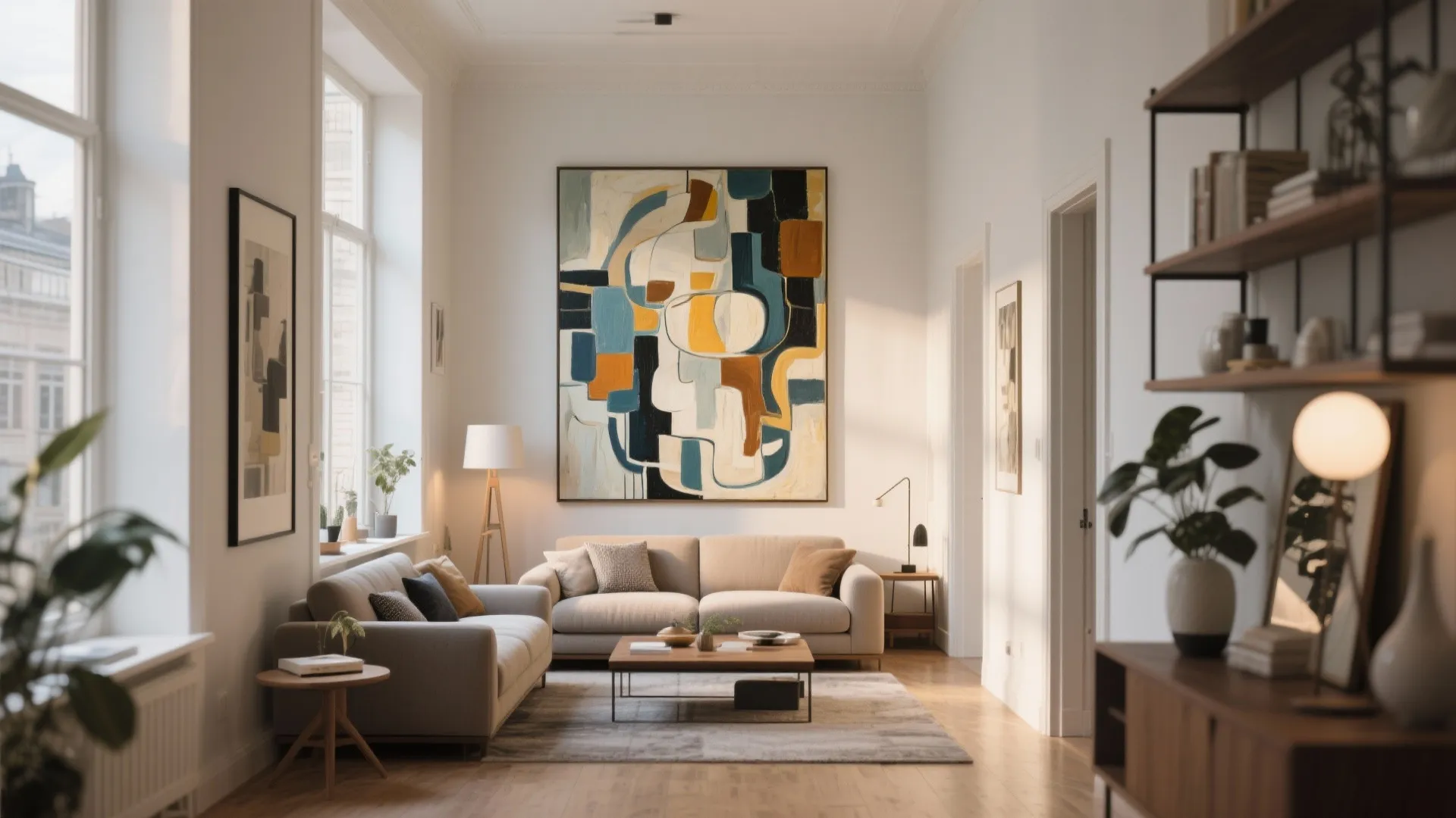 Bright living room with a large abstract wall painting, beige sofa, coffee table, and windows