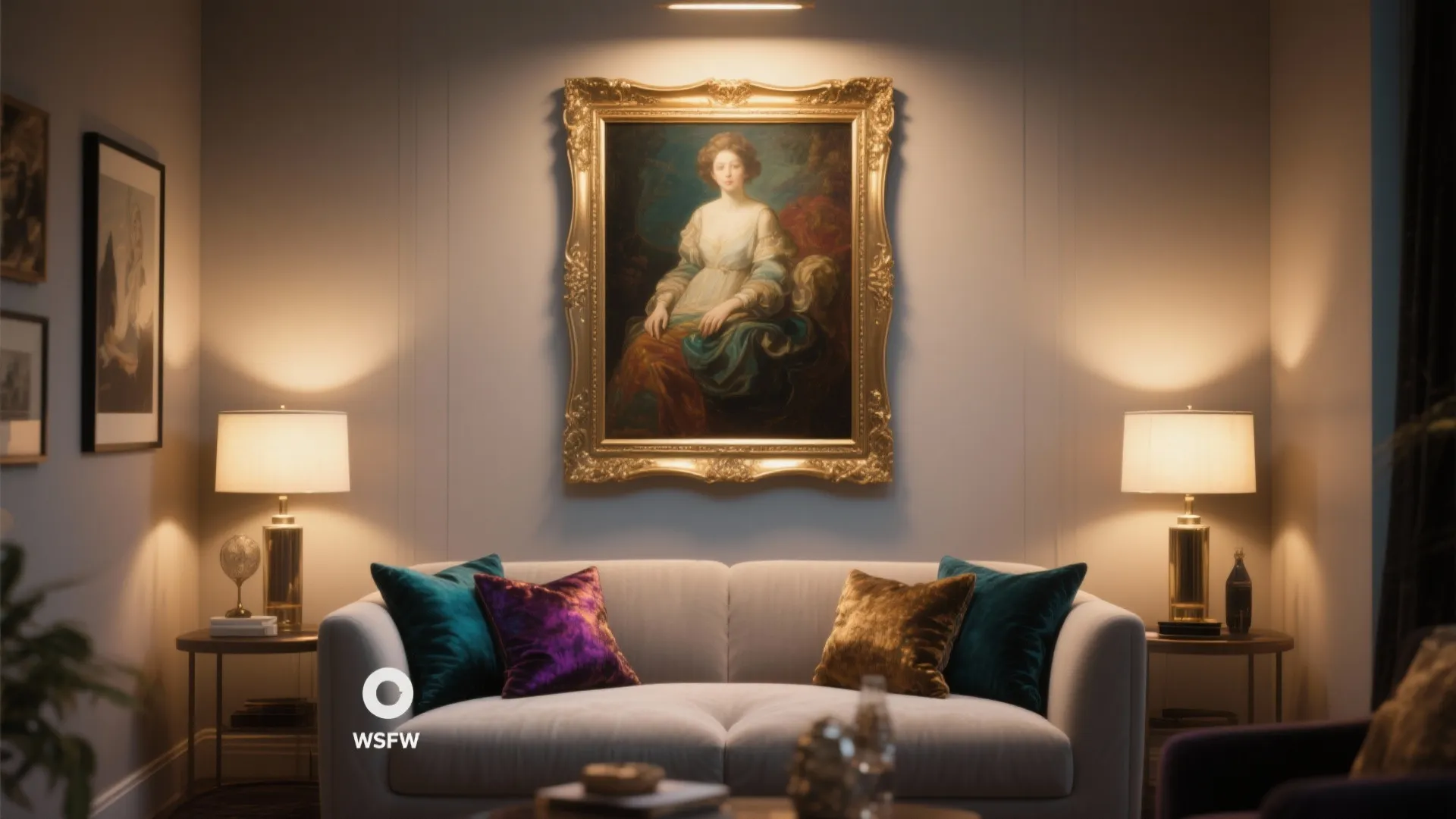 Classic living room with large wall painting above white sofa featuring colorful pillows and lamps