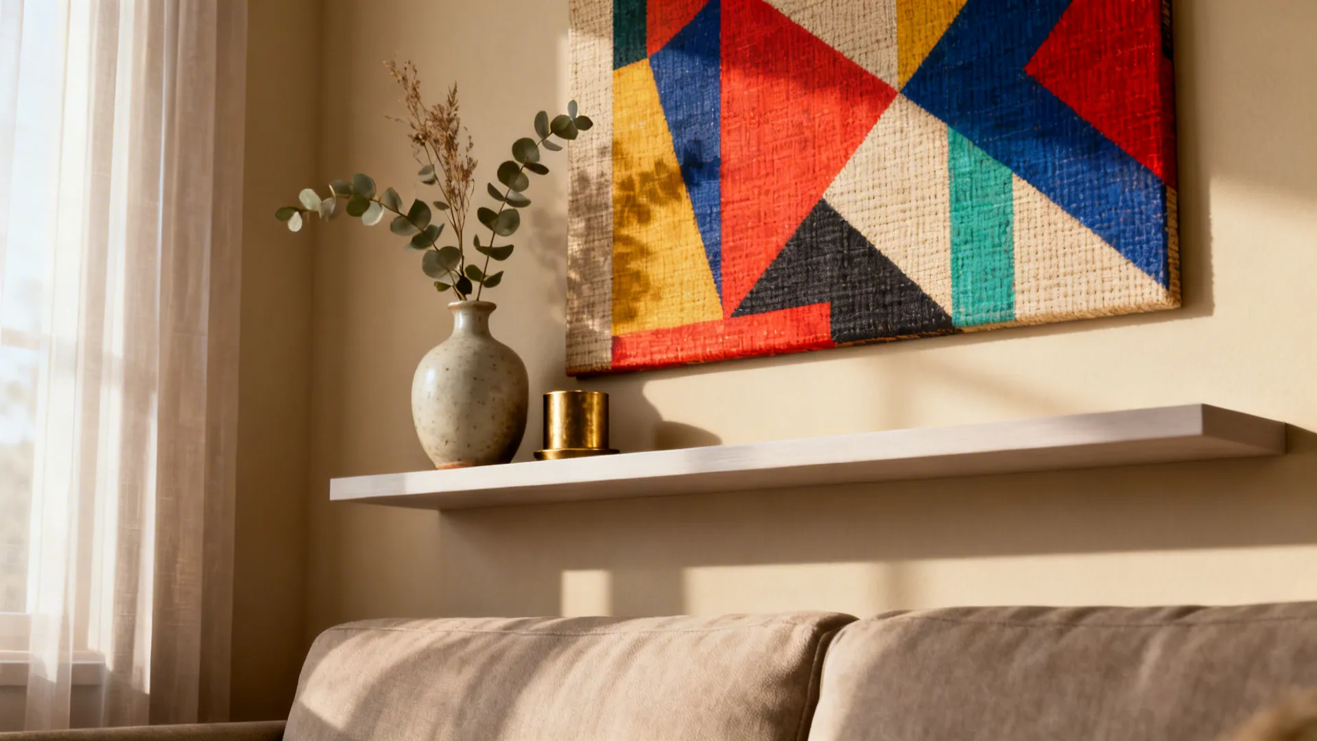 Single bold artwork above a sofa with a curated shelf display in a small apartment living room.