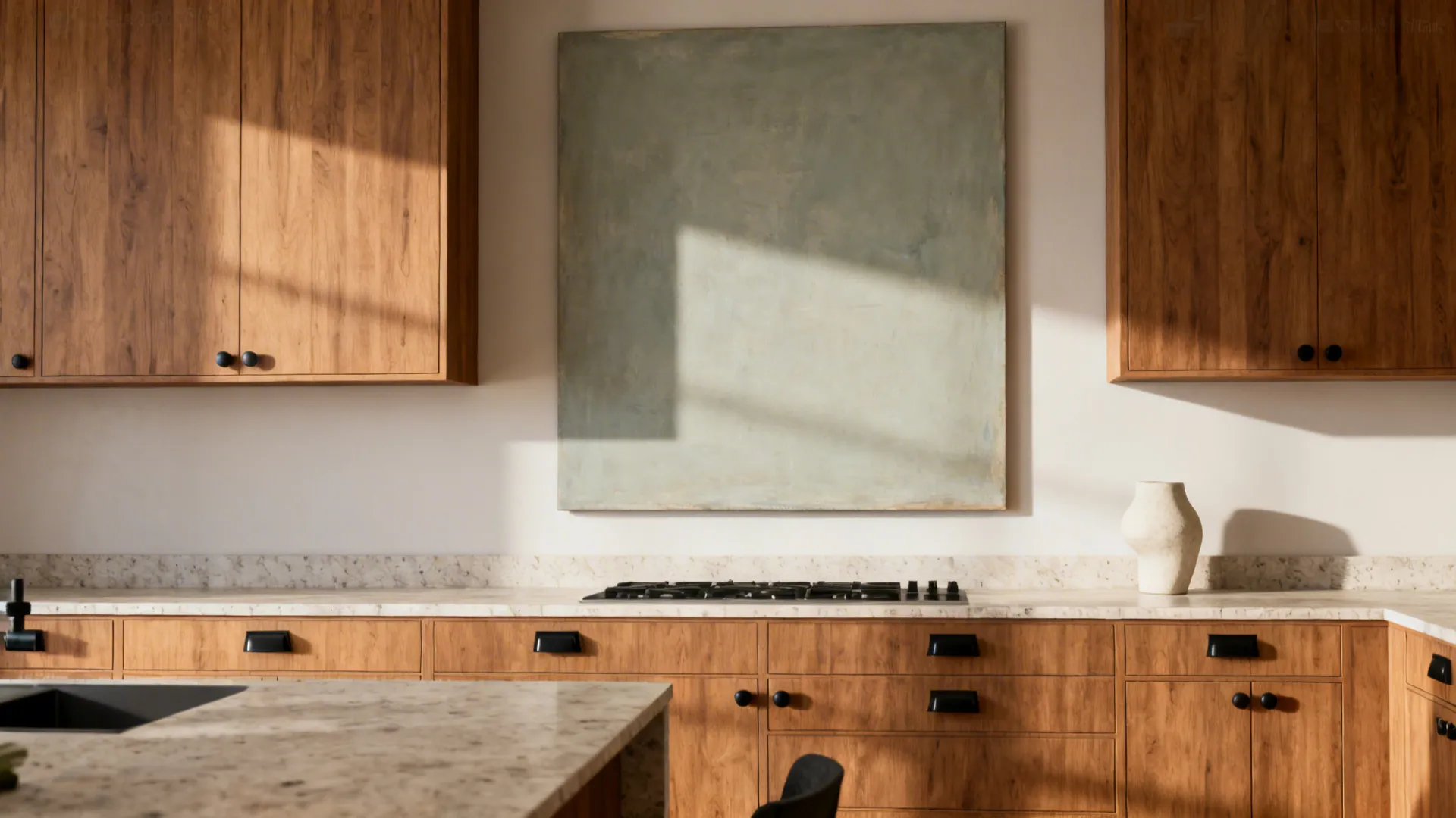 Oversized canvas and a single sculptural object styled above staggered kitchen cabinets.