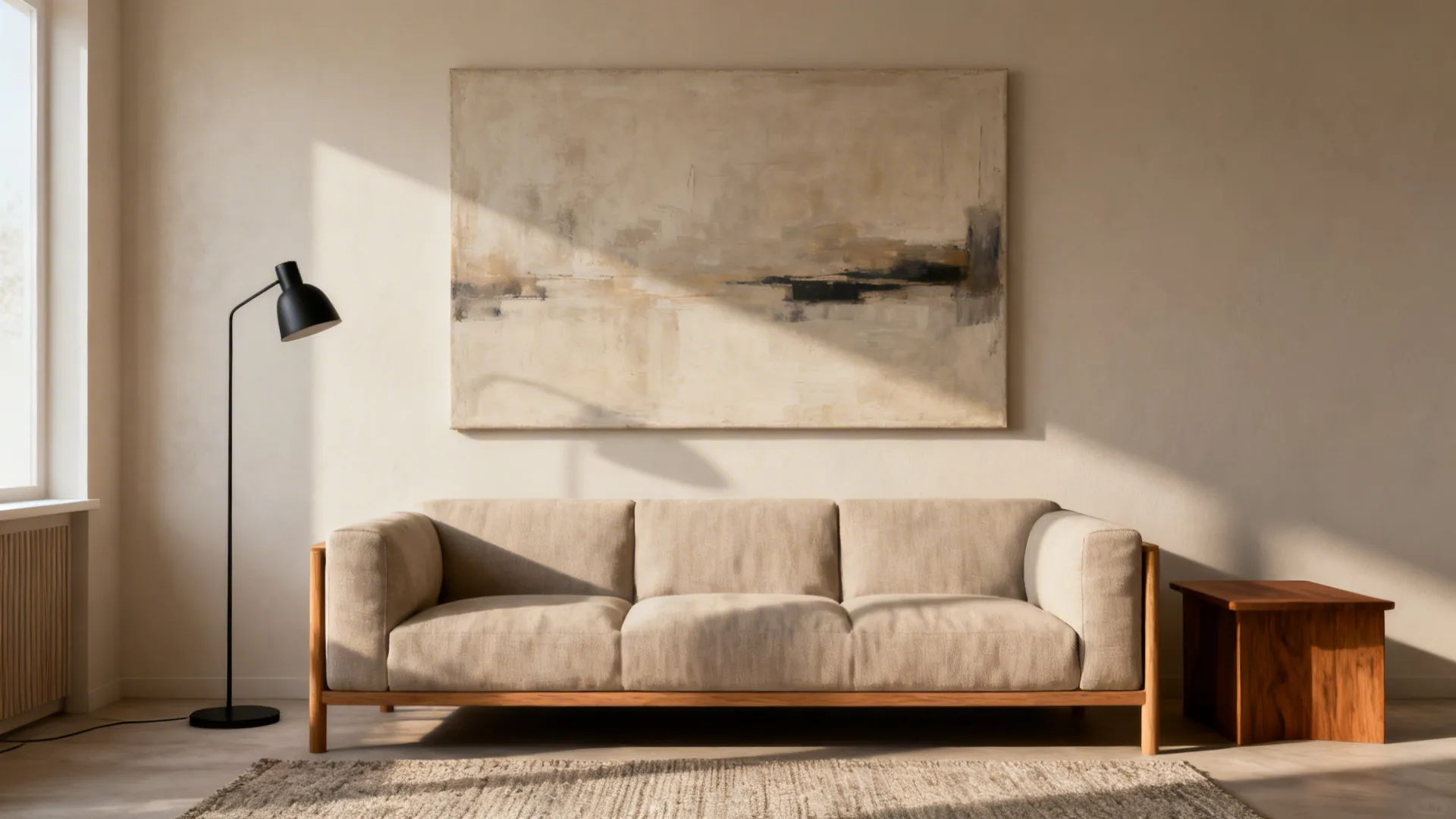 Large abstract canvas above a neutral sofa creating a calm focal point.