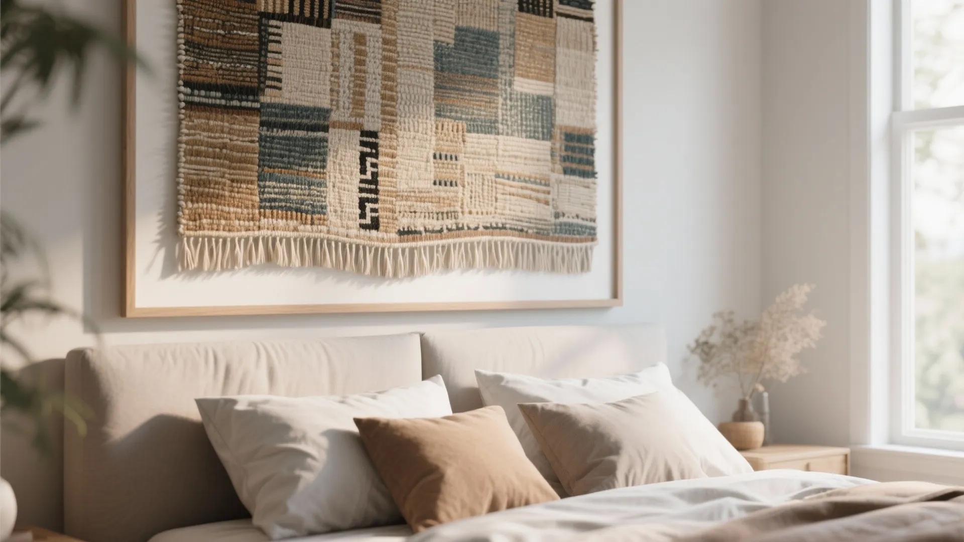 Modern bedroom with woven wall art above beige bed with white and brown soft pillows
