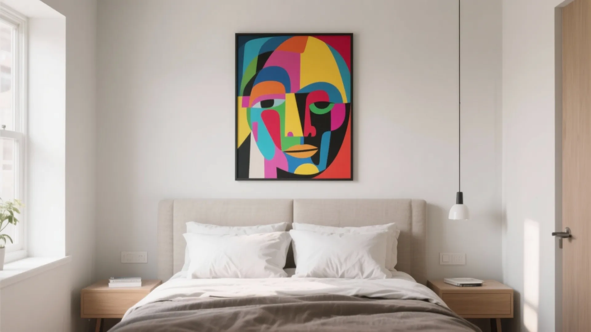 Modern bedroom featuring a colorful abstract wall painting above a neutral bed with wood tables