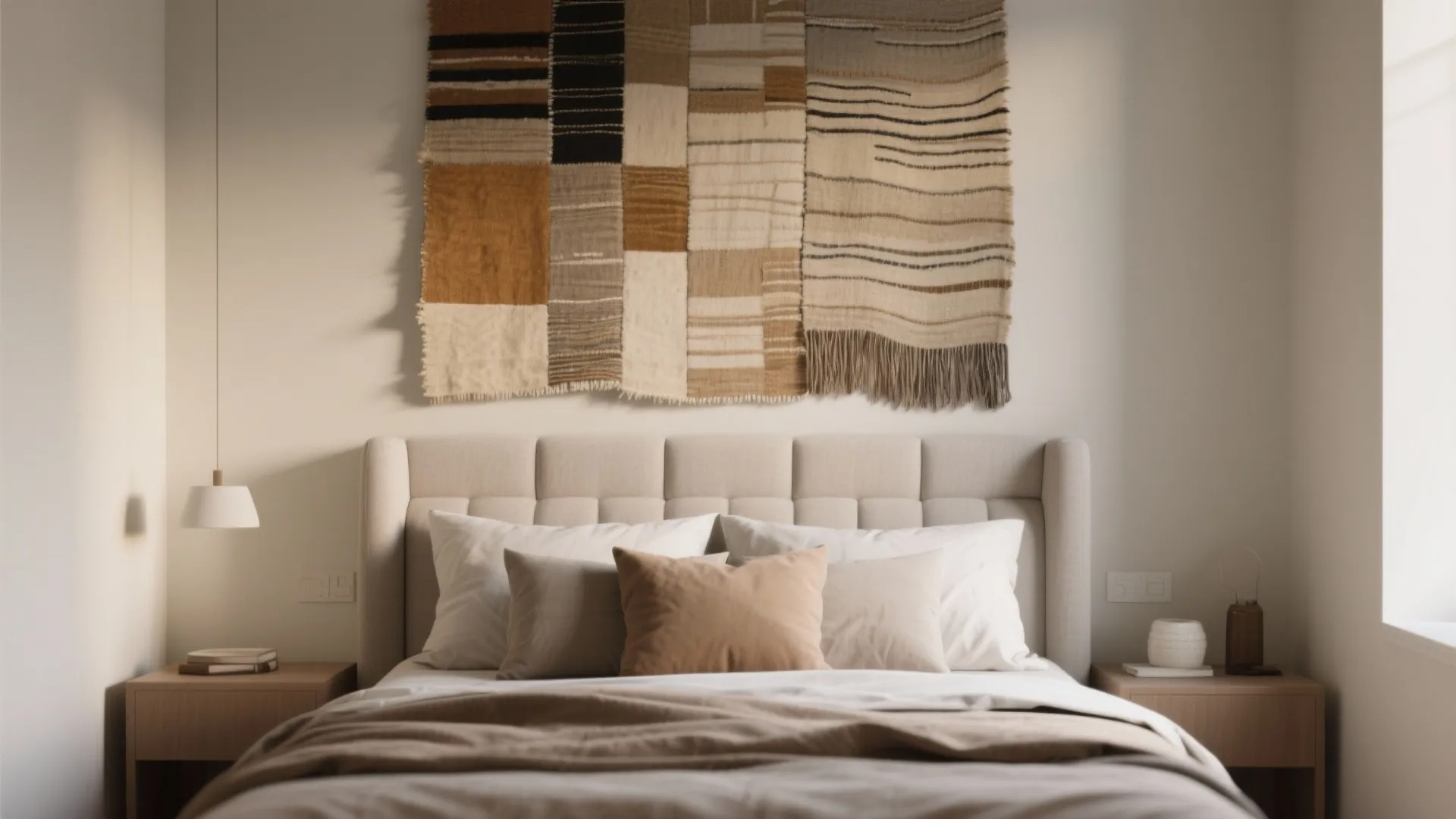 Minimalist bedroom with woven wall art, beige headboard, white pillows, and two wooden bedside cabinets.