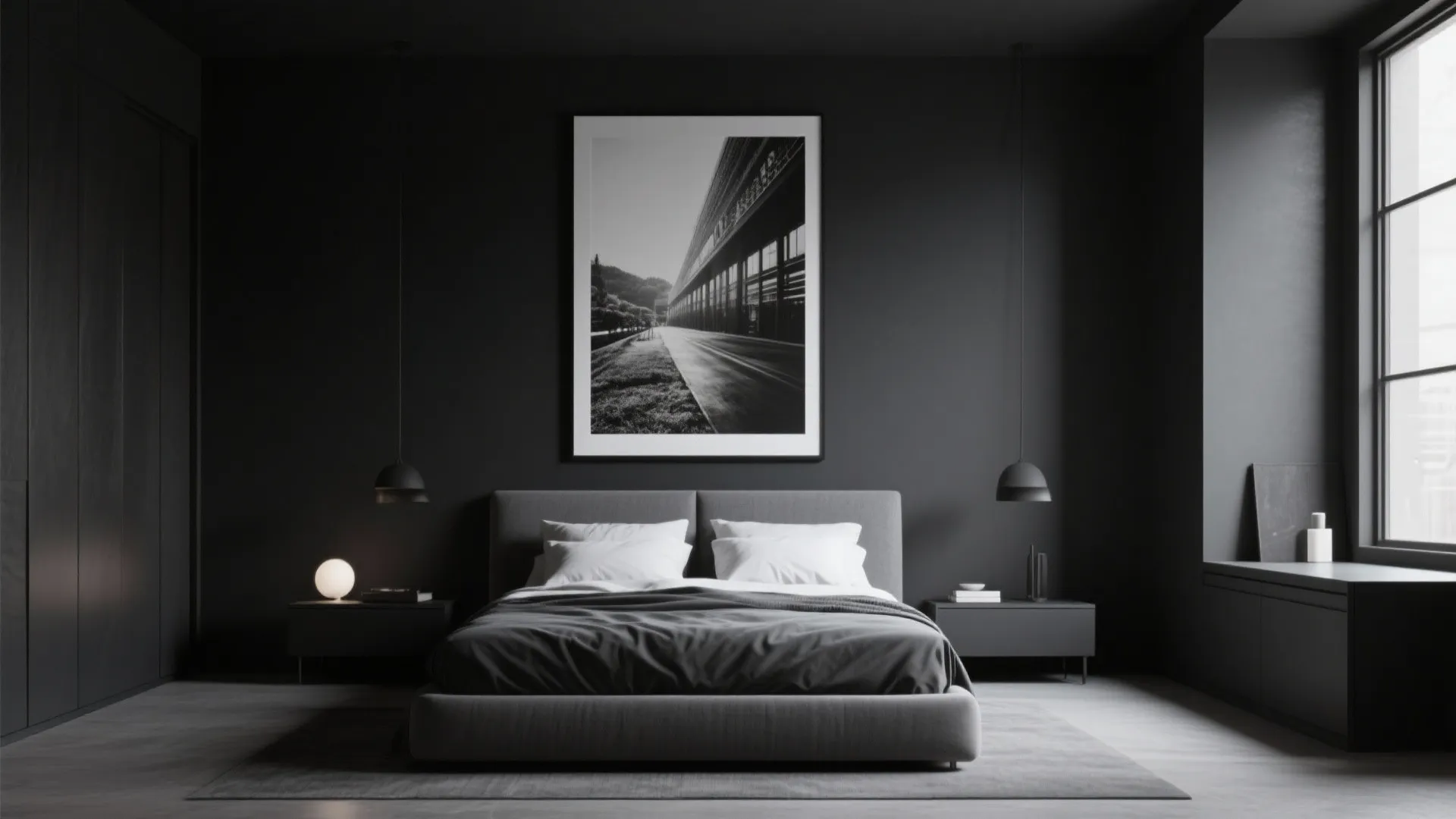 Modern dark grey bedroom with large wall art above bed and two black ceiling lights
