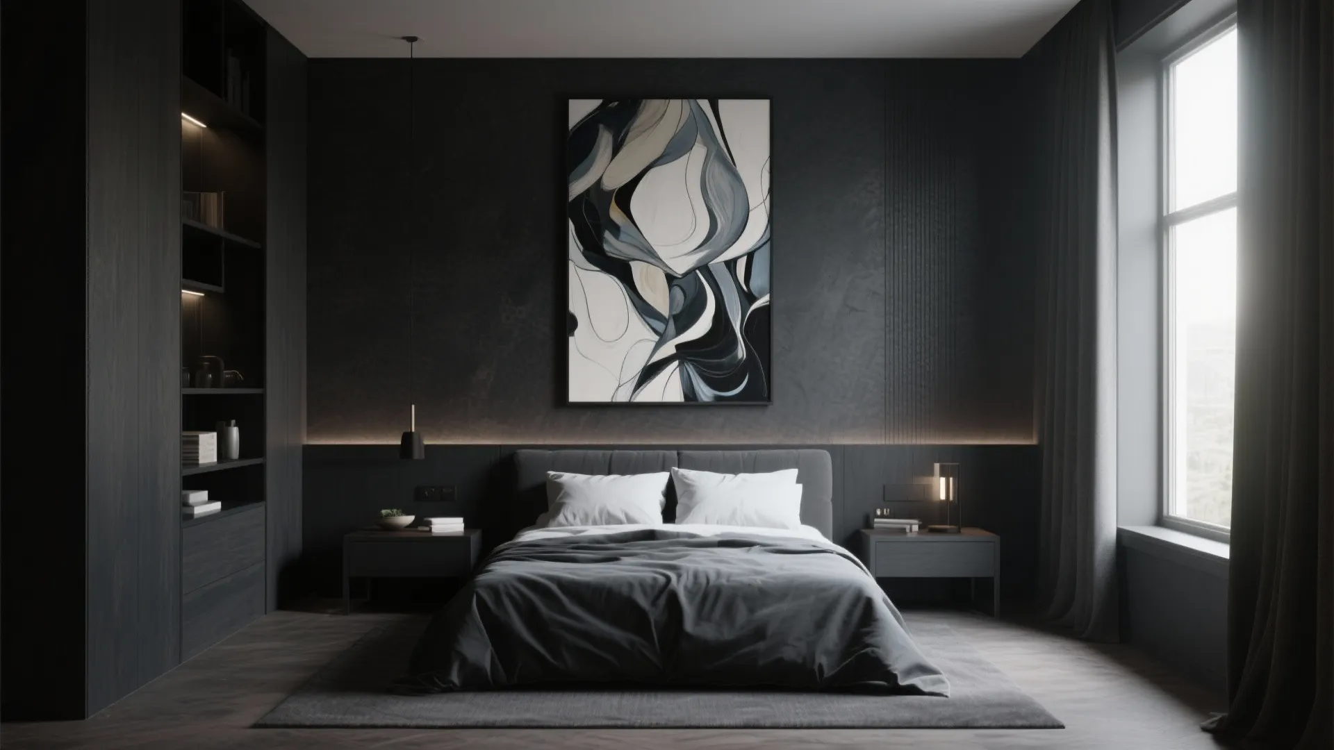 Modern dark bedroom with large wall art above bed and black wooden cabinet and window