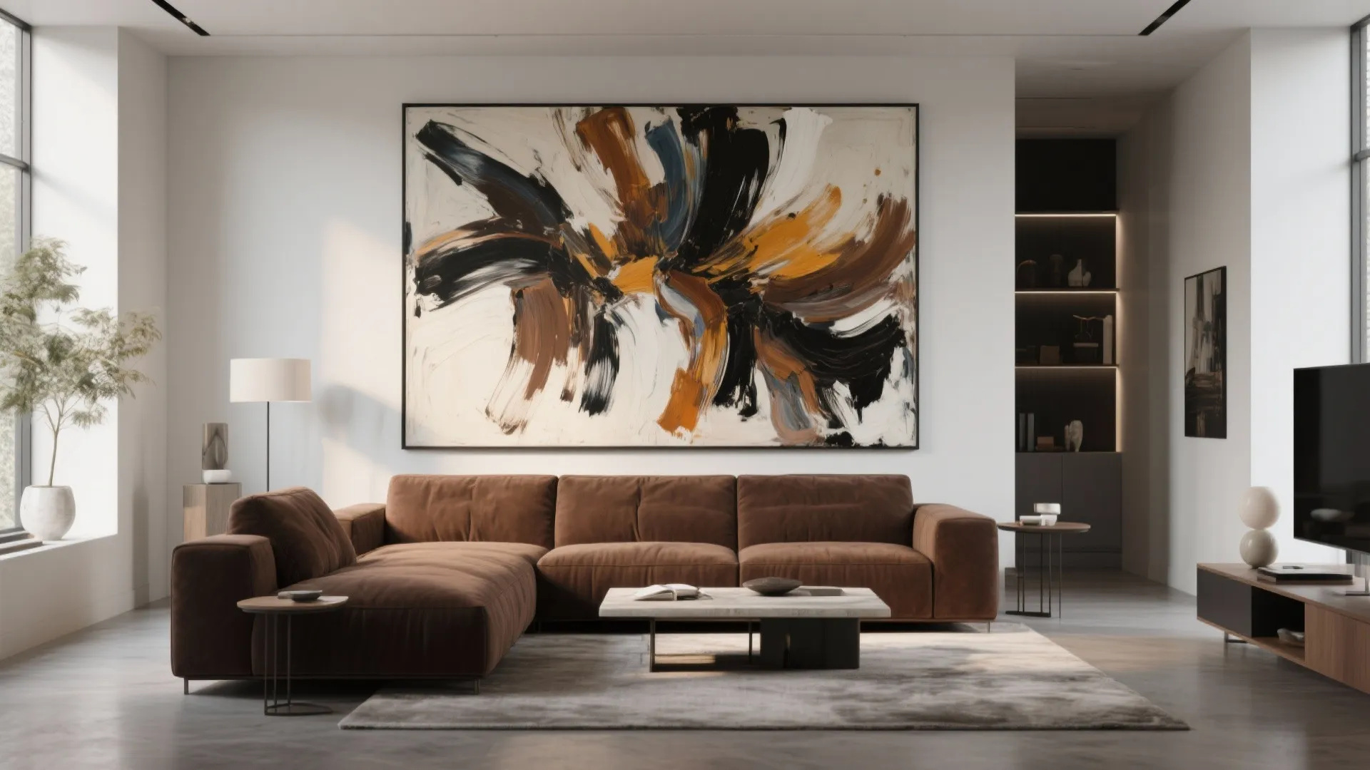 Brown sofa with large abstract painting above it