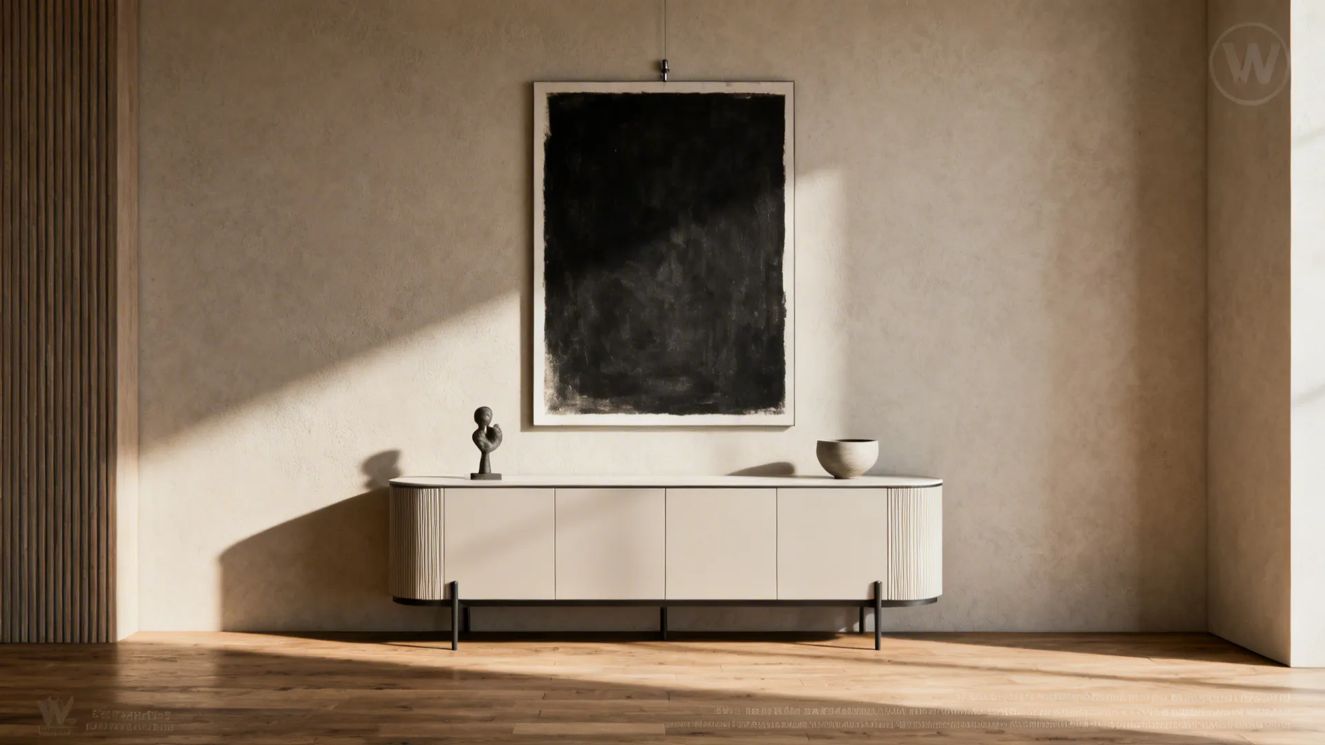 Slim buffet with a single large artwork centered above, showing proper scale and balance.